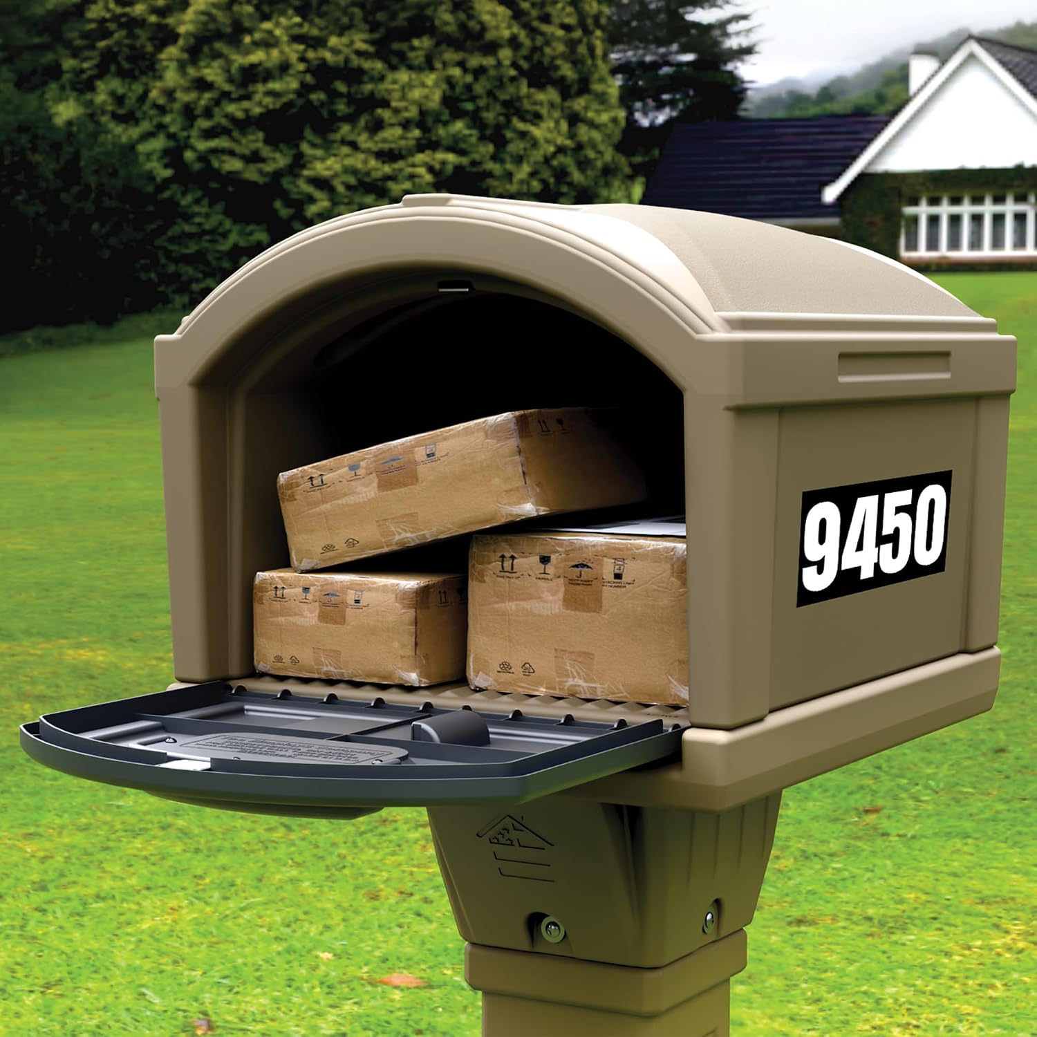 Simplay3 Rustic Home Plastic Residential Cabin Mailbox & Post Mount Combo Kit with 2 Access Doors - Sandstone, Made in USA