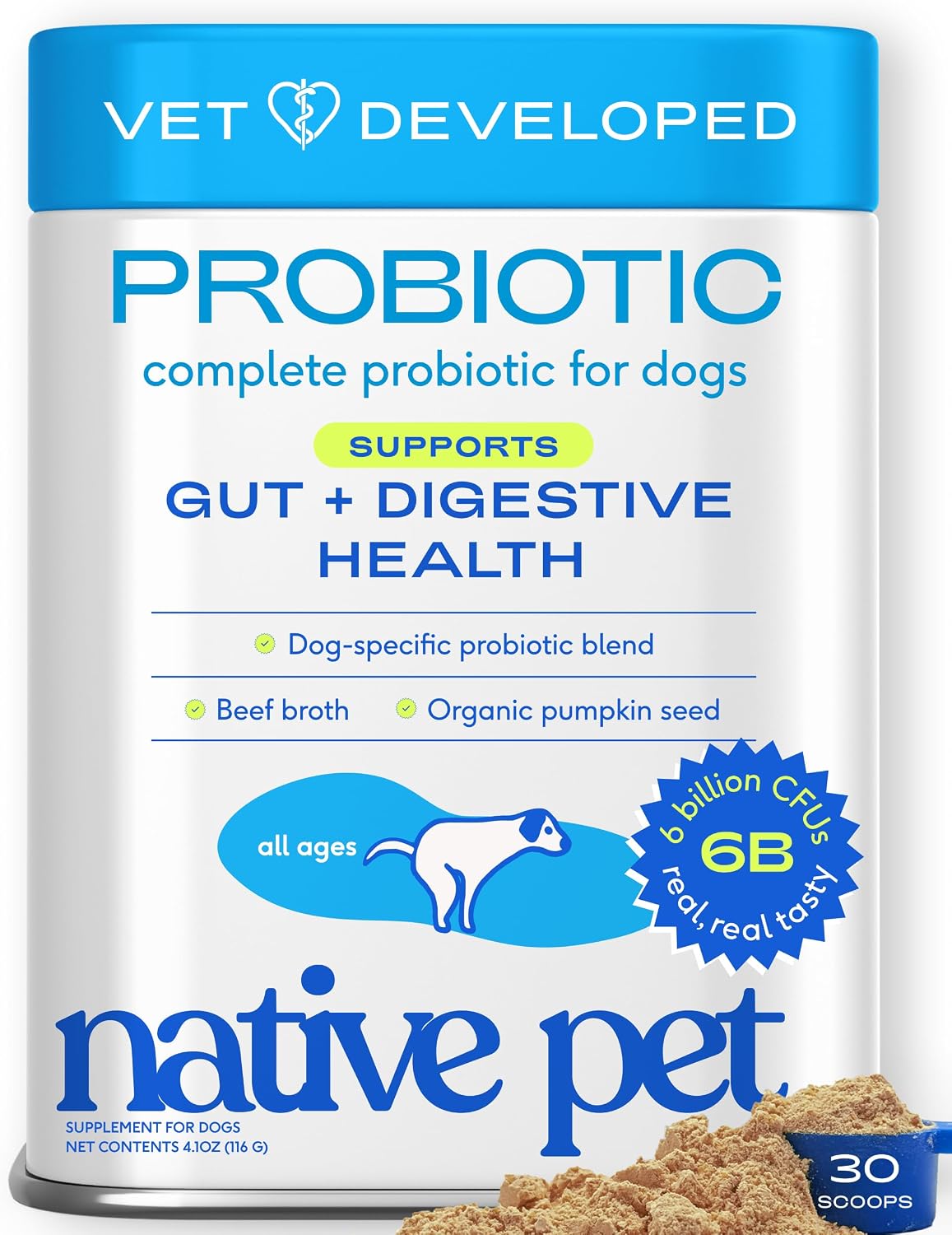 Native Pet Probiotics for Dogs – Dog Probiotic Powder for Gut & Digestive Health, Vet-Formulated 6B CFUs Dog-Specific Probiotic Strains