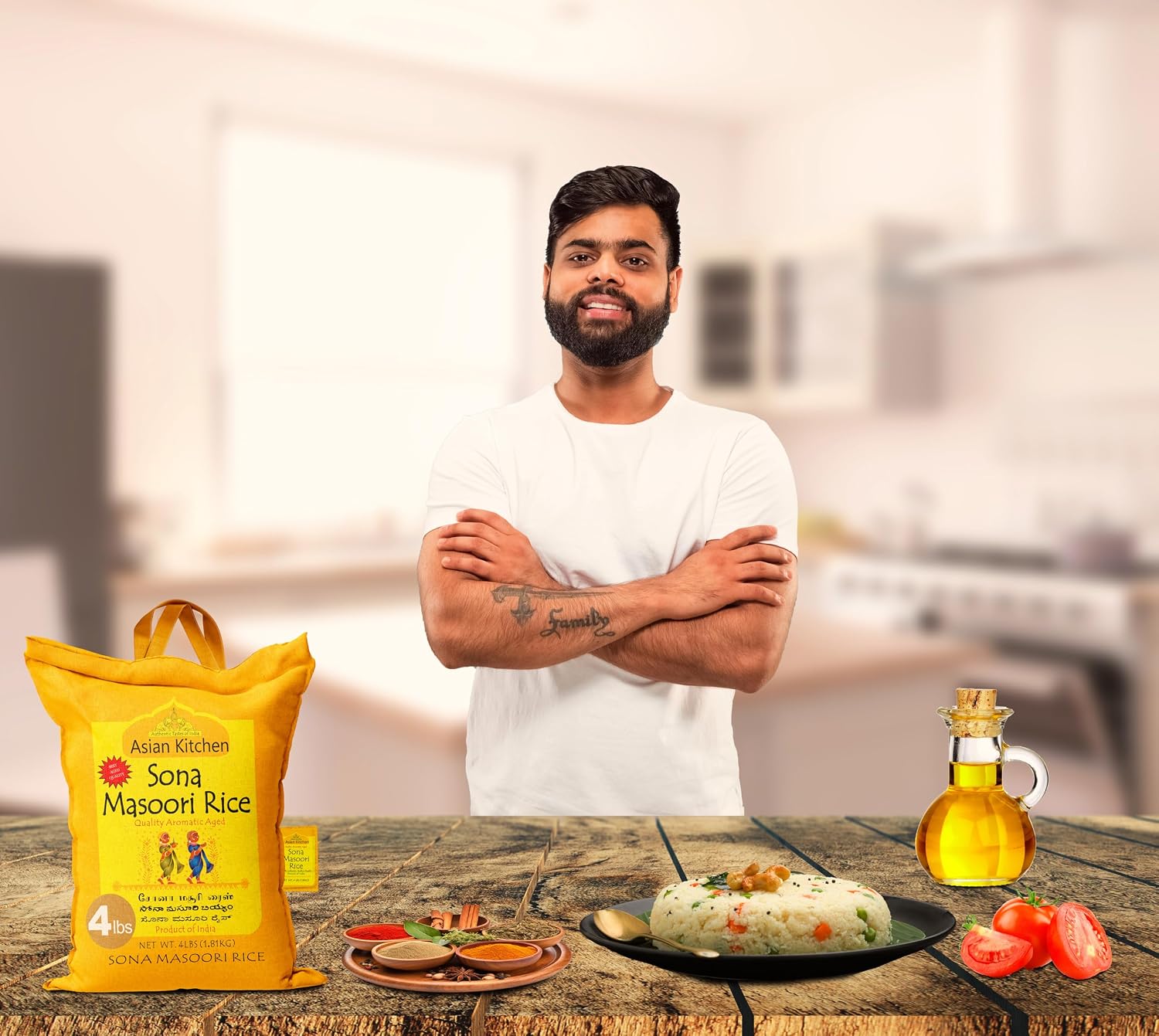 Asian Kitchen White Sona Masoori Aged Rice 20-Pound Bag, 20lbs (9.08kg) Short Grain Rice ~ All Natural | Gluten Friendly | Vegan | Kosher | Indian Origin | Export Quality