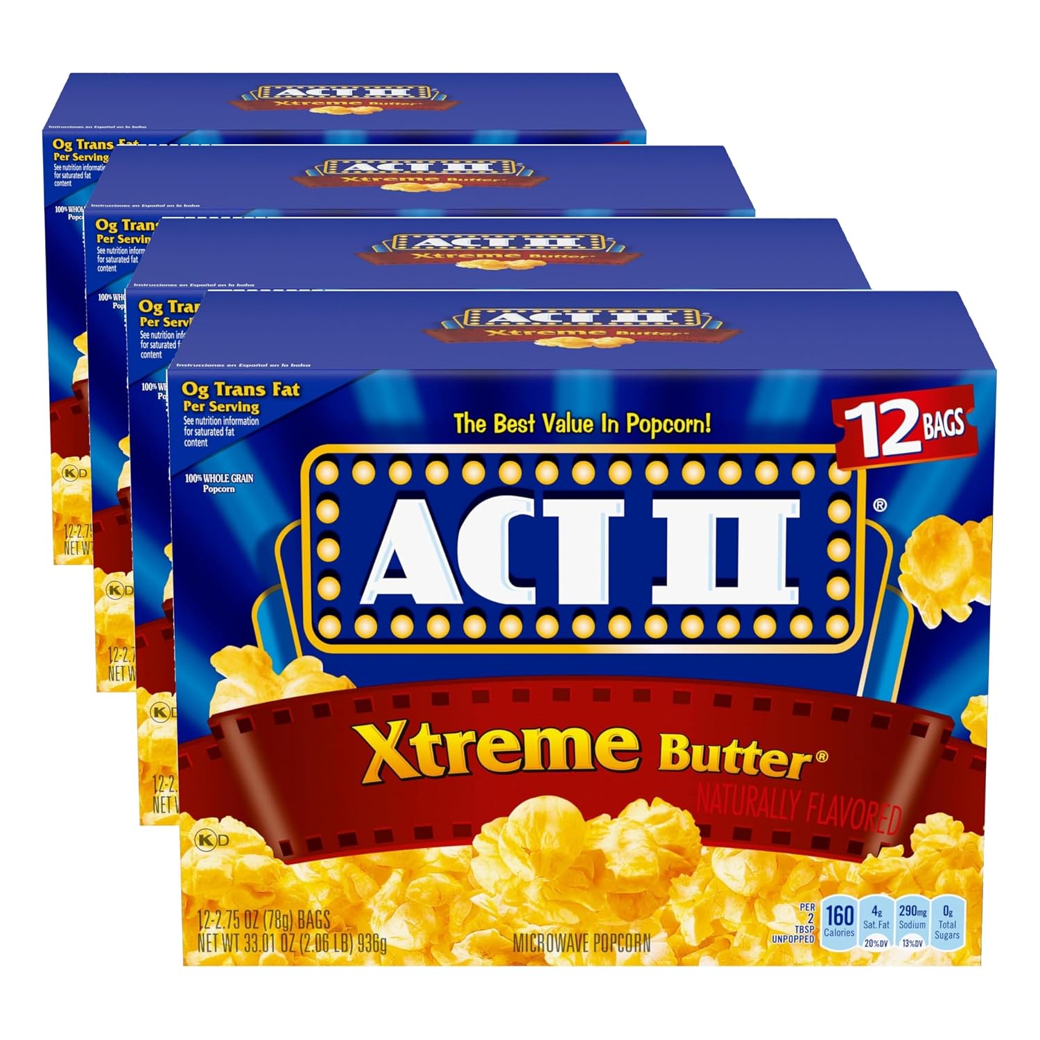 Act II Xtreme Butter Microwave Popcorn, 2.75 oz., 12-ct Bags