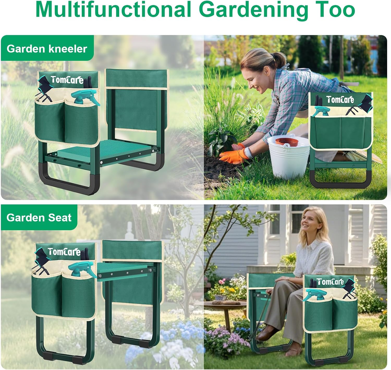 TomCare Garden Kneeler and Seat, 11.12" Kneeling Pad Sturdy Garden Bench | Heavy Duty Garden Stool, 450 lbs Load Capacity, 2 Tool Pouches, Foldable Design, Gardening Gift for Women, Men and Gardeners