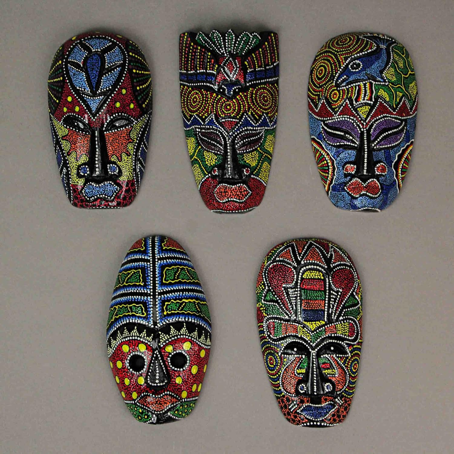Set of 10 Colorful Hand Carved Tropical Island Dot Painted Tribal Masks 6 1/2 Inches High Wall Hangings | Dot-Painted Indonesian Designs