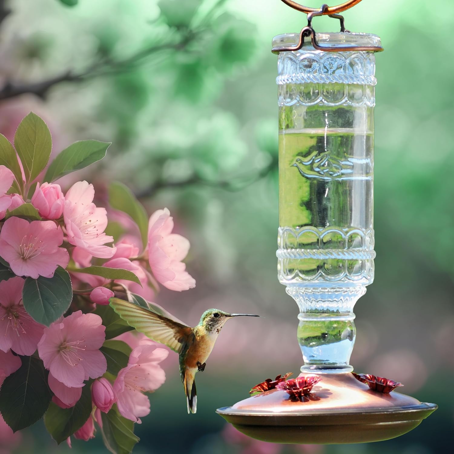 Perky-Pet Antique Glass Bottle Hummingbird Feeder, 10 oz Capacity, Green | 4 Feeding Ports for Outdoors Hanging Bird Feeders, Backyard Garden Décor