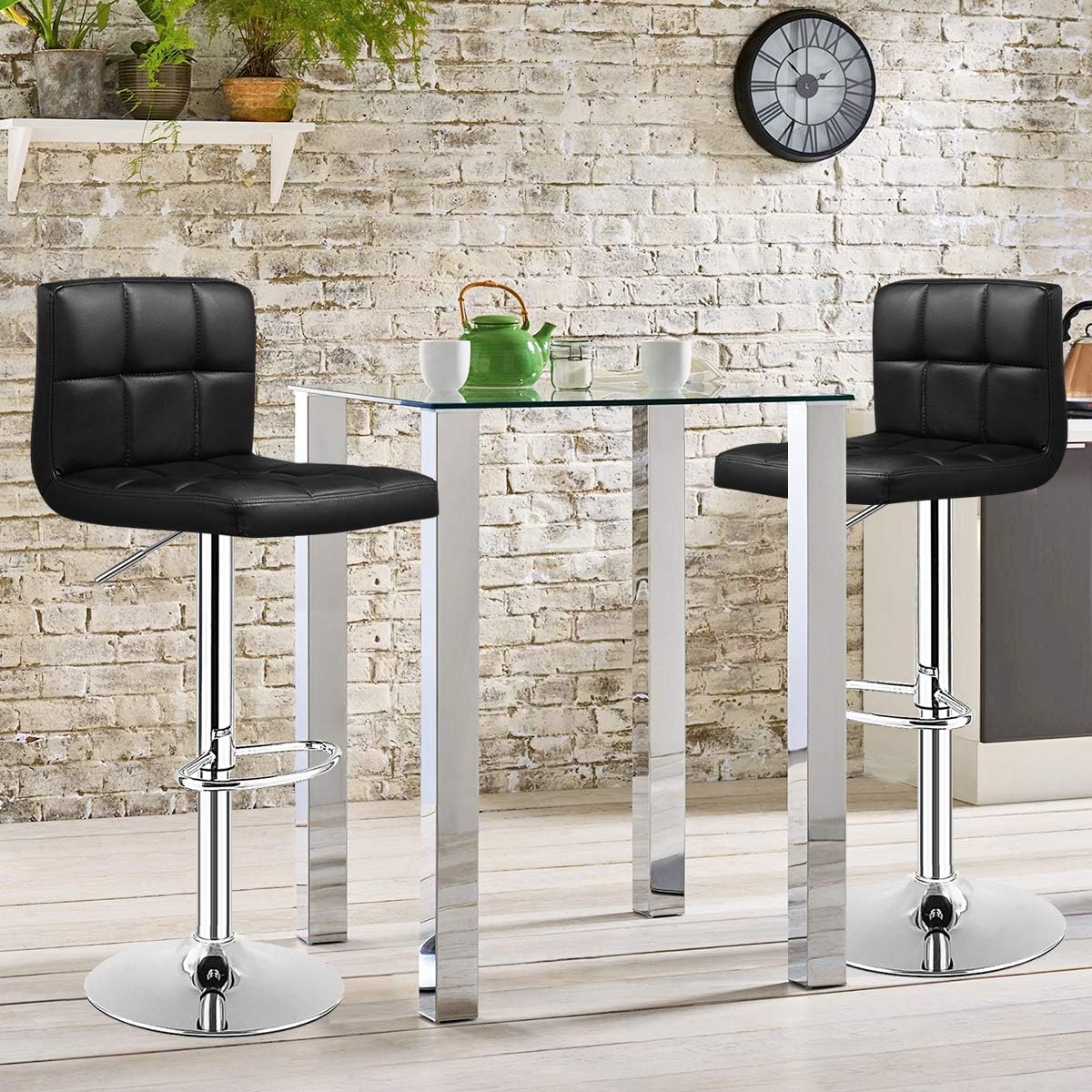 COSTWAY Bar Stool, Modern Swivel Adjustable Height PU Leather Barstools with Back, Square Armless Counter Height Bar Chair for Kitchen Island Dining Living Bistro Pub Counter, Black