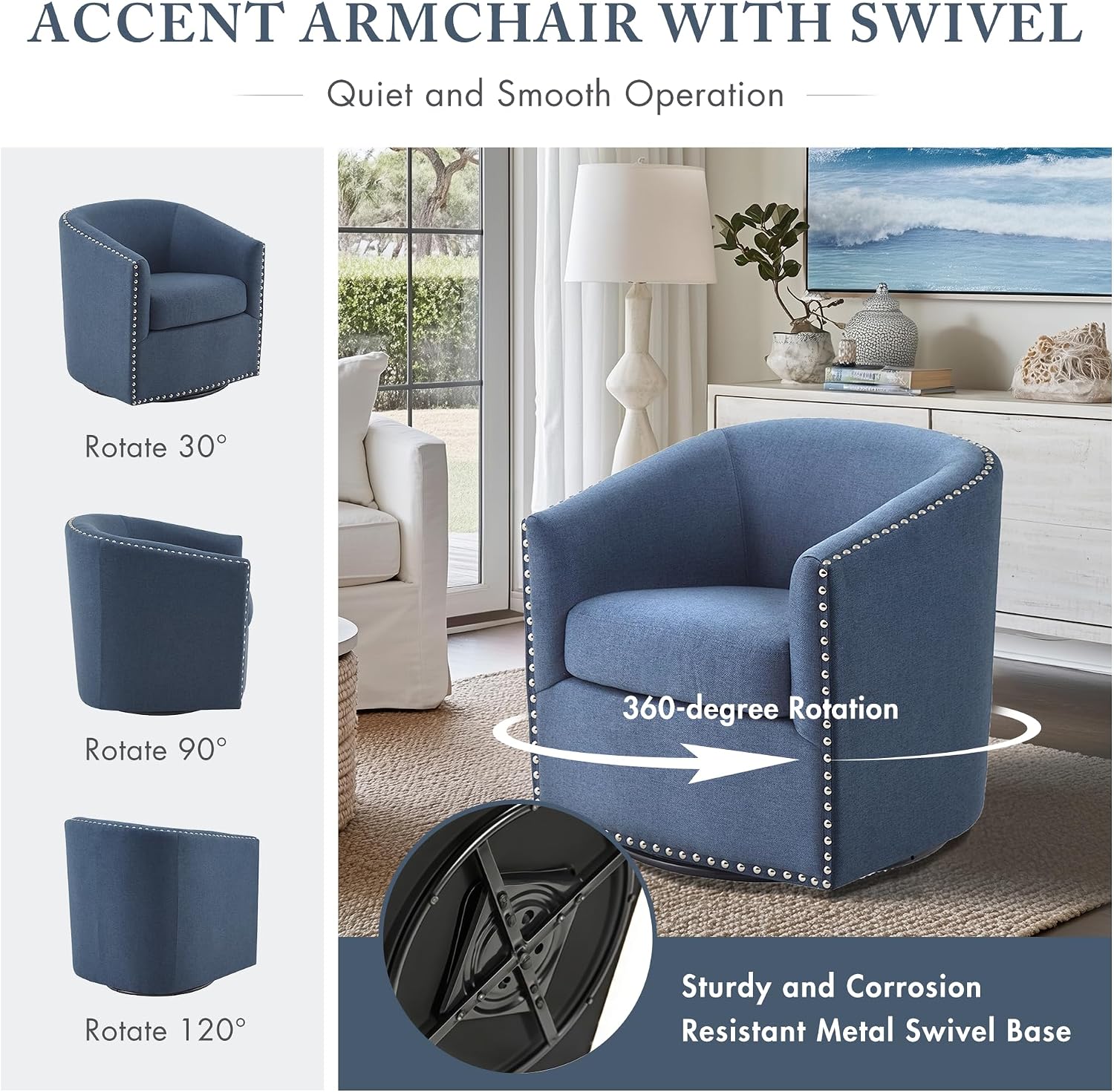 Madison Park Swivel Barrel Accent Chair, Upholstered Curved Back with 7-Inch Thick Woven Cushion, 360° Swivel, Nailhead Trim, Comfy Chair for Living Room, Bedroom, Office, 28" Wide, Neutral, Tyler