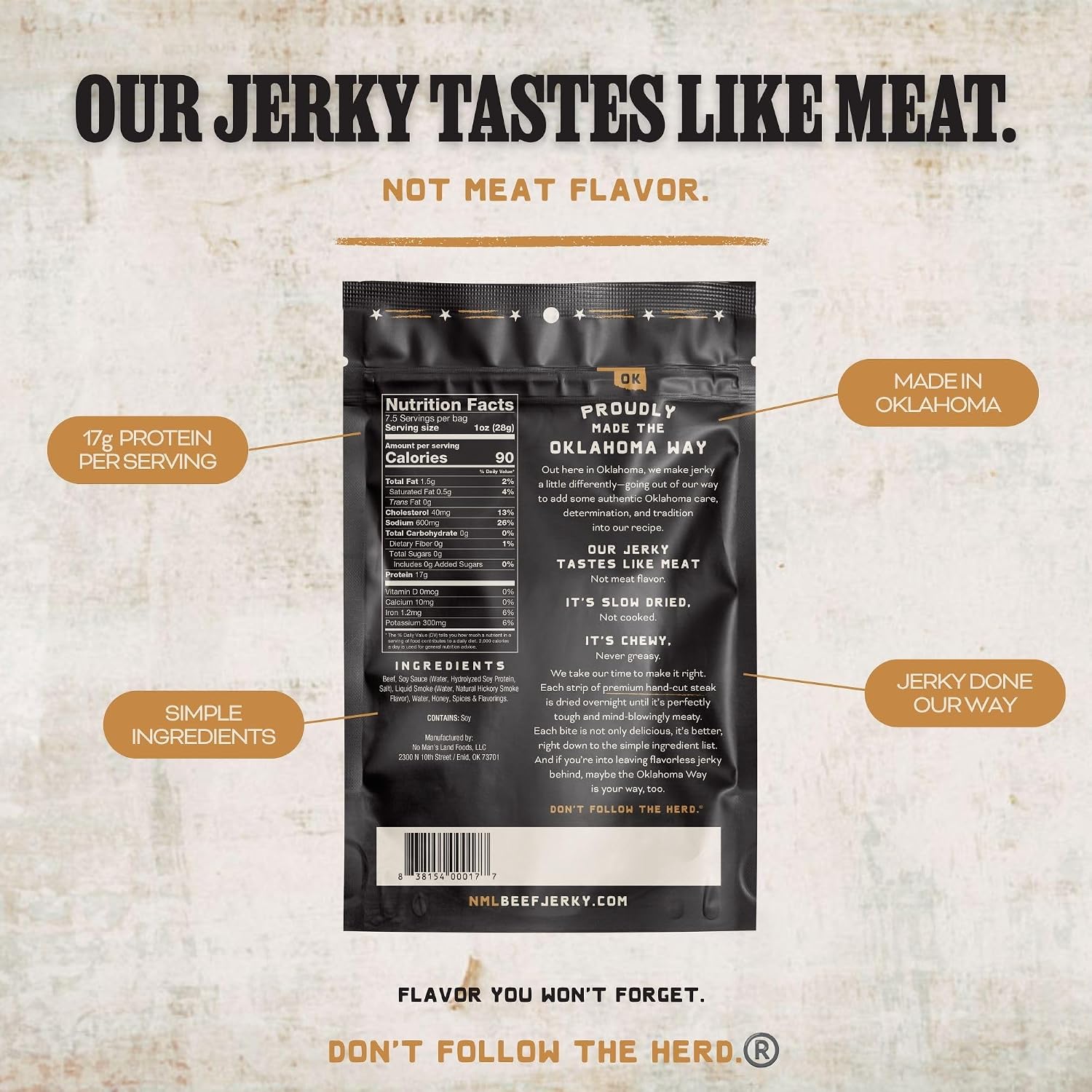 No Mans Land Slow-Dried Beef Jerky | Smoked & Seasoned Jerky Strips | High Protein, Low Carb Beef Snack | Gluten Free - MILD (16oz)
