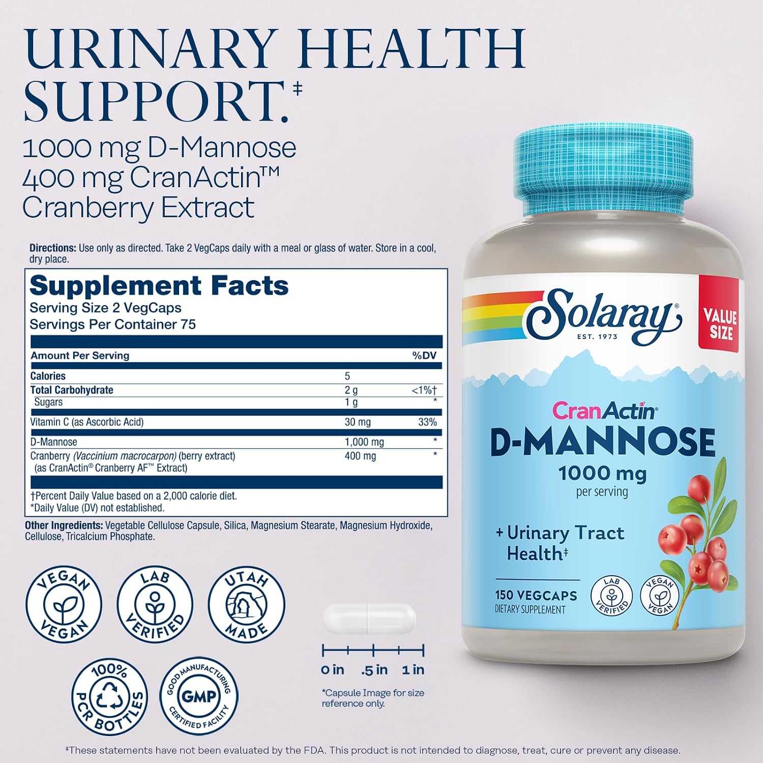 SOLARAY D-Mannose with CranActin Cranberry 400 mg, 60 VegCaps | Urinary Tract & Bladder Support - D-Mannose, CranActin Cranberry & Vitamin C - 30 Servings - Vegan, Lab Verified