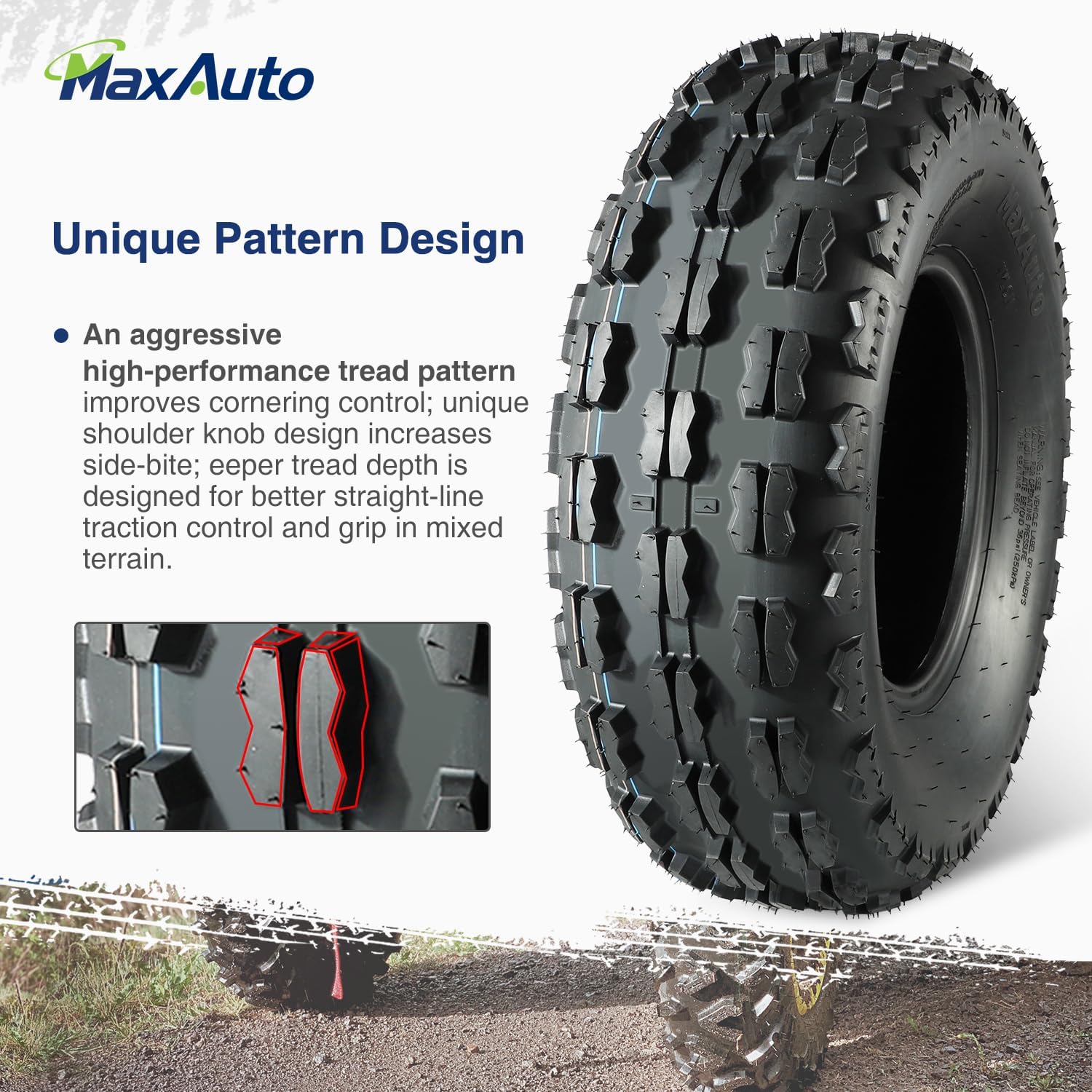 MaxAuto 22x7-10 22-7-10 Front ATV Tires Quad Sport ATV UTV Tires 22x7x10 4-Ply Mud Sand Snow and Rock Tire Tubeless Knobby Sport-tires, Set of 2