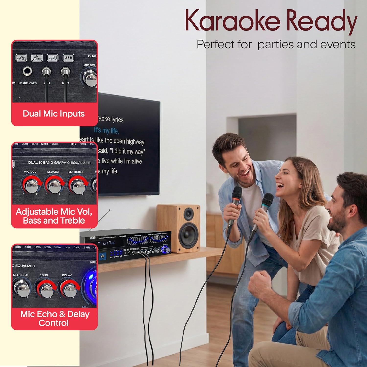 Pyle Bluetooth Hybrid Home Amplifier - 6-Channel 2000W Rack Mount Power Amplifier Receiver w/ Radio - Dual 10 Band EQ, Karaoke Microphone x2, USB, RCA