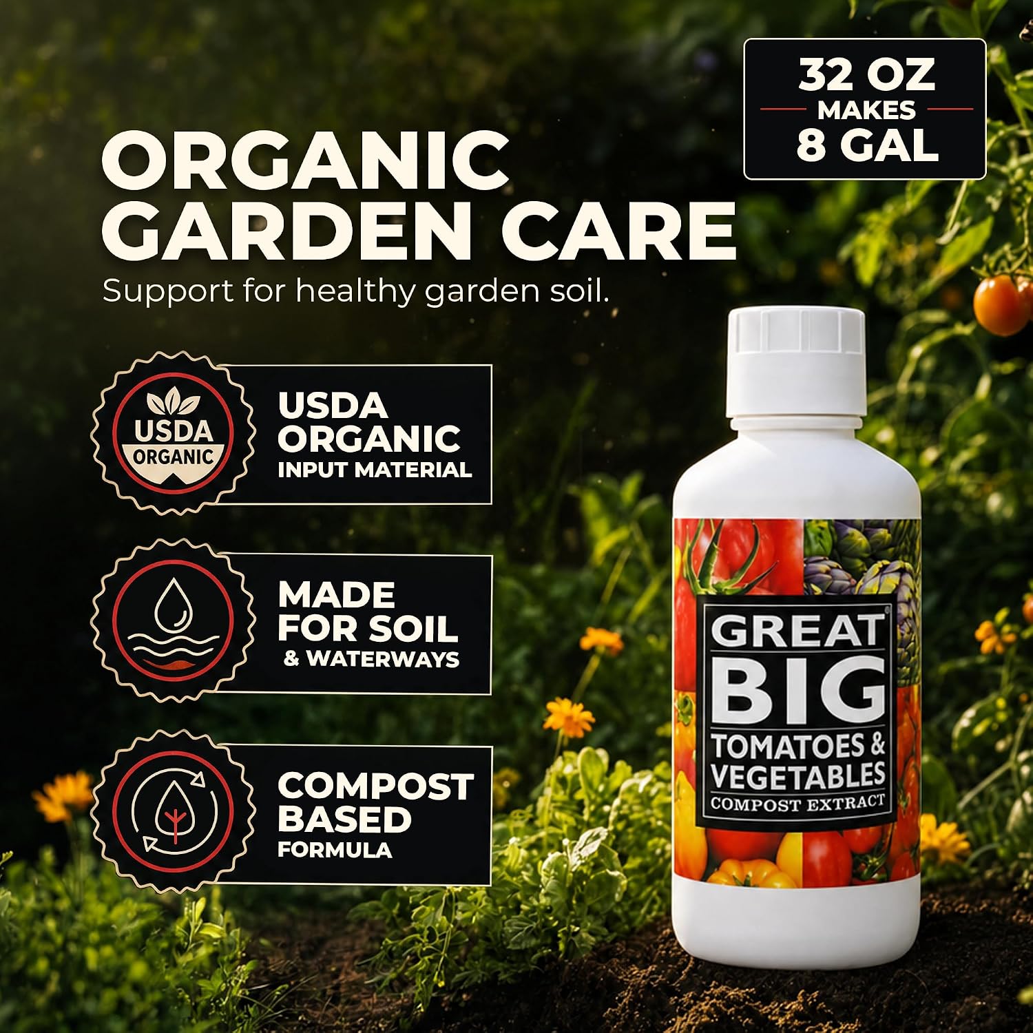 Great Big Tomatoes and Vegetables Liquid Fertilizer Booster - Organic Soil Conditioner, Liquid Compost Extract with Humic Acid, Fertilizer Activator for Big Vegetable Yields, 70 Minerals - 32 Ounce