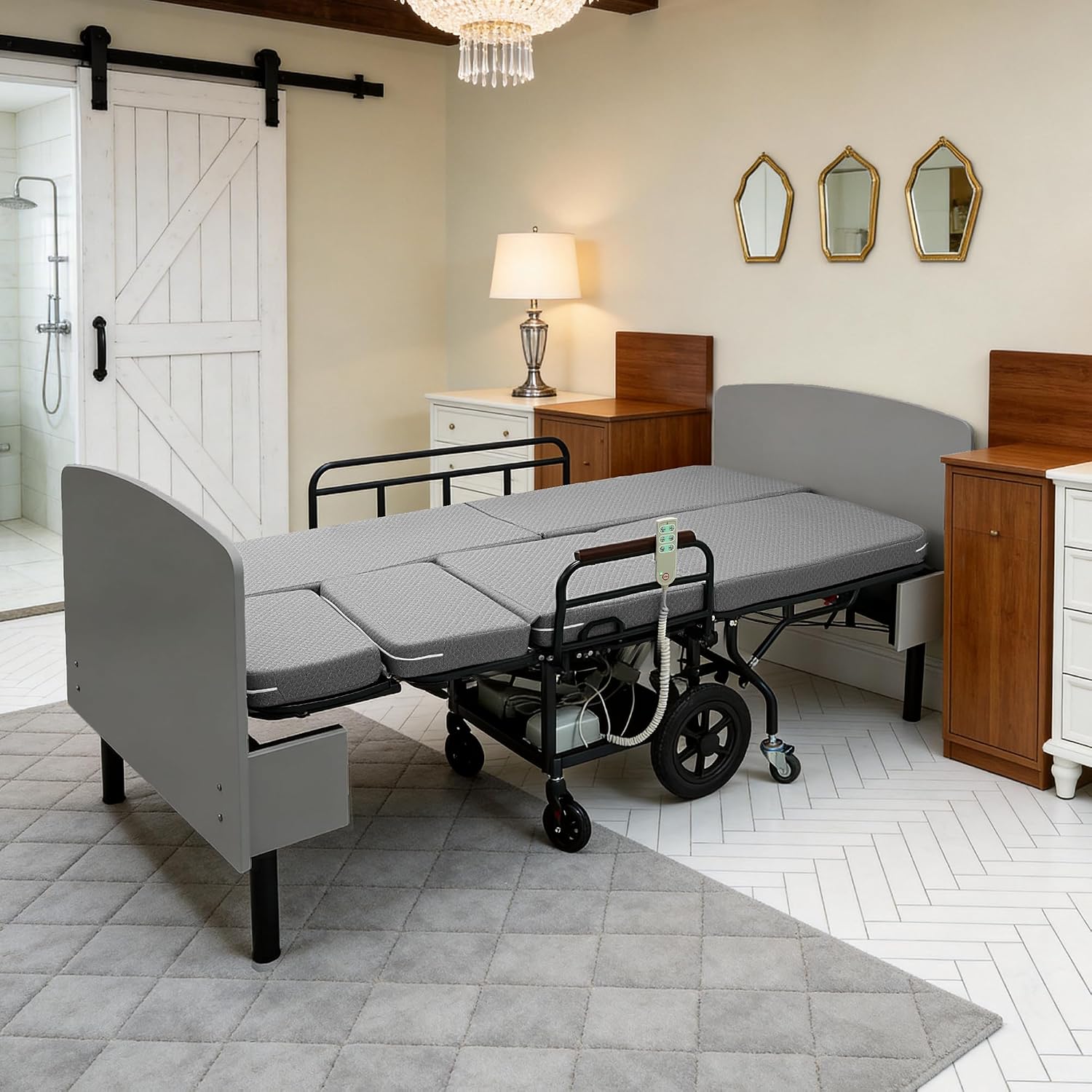 Electric Lift Bed for Elderly, Remote Control Adjustable Bed with 5.91" Mattress, Quiet Motor and Removable Tray, Zero Gravity Position Bed Frame Suitable for Hospital/Home Care