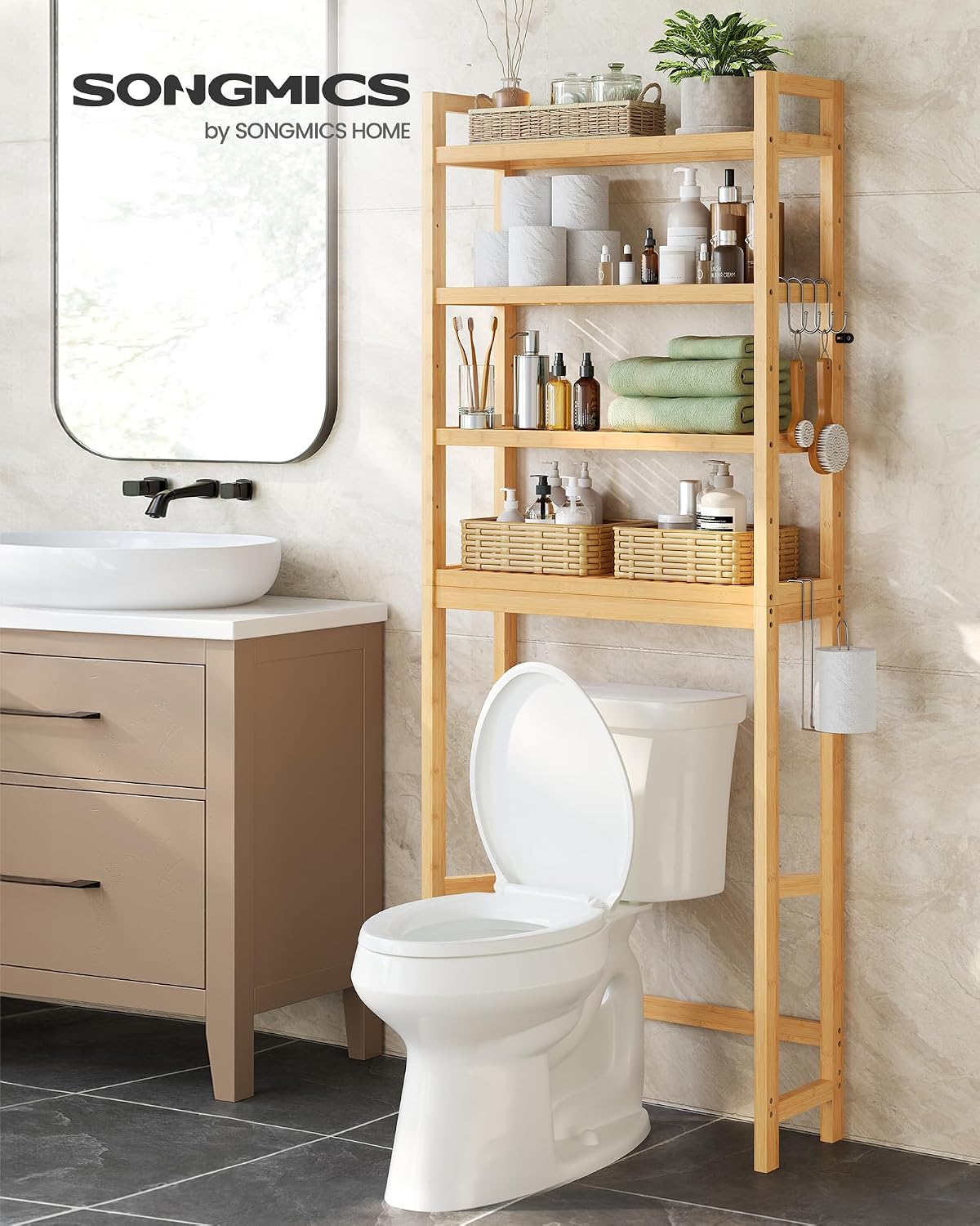 SONGMICS Over The Toilet Storage, 3-Tier Over Toilet Bathroom Organizer with Adjustable Shelf, 10.2 x 24.8 x 66.9 Inches, Space-Saving, Cloud White UBTS01WT