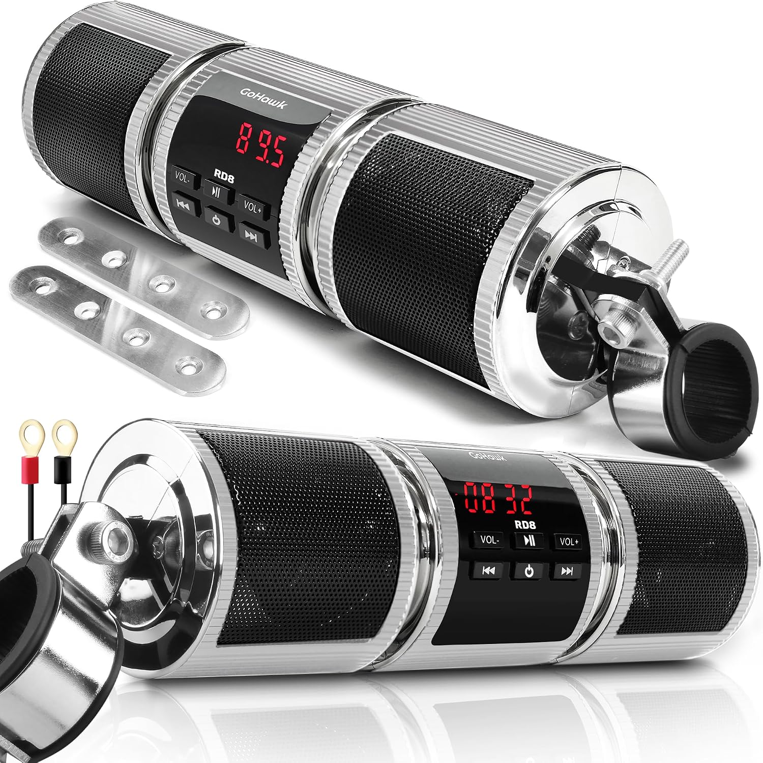 GoHawk Motorcycle Bluetooth Speakers, Waterproof Radio Audio System | Built-in Amplifier, FM Radio, AUX Input, USB, Great for ATV, Scooter Bike