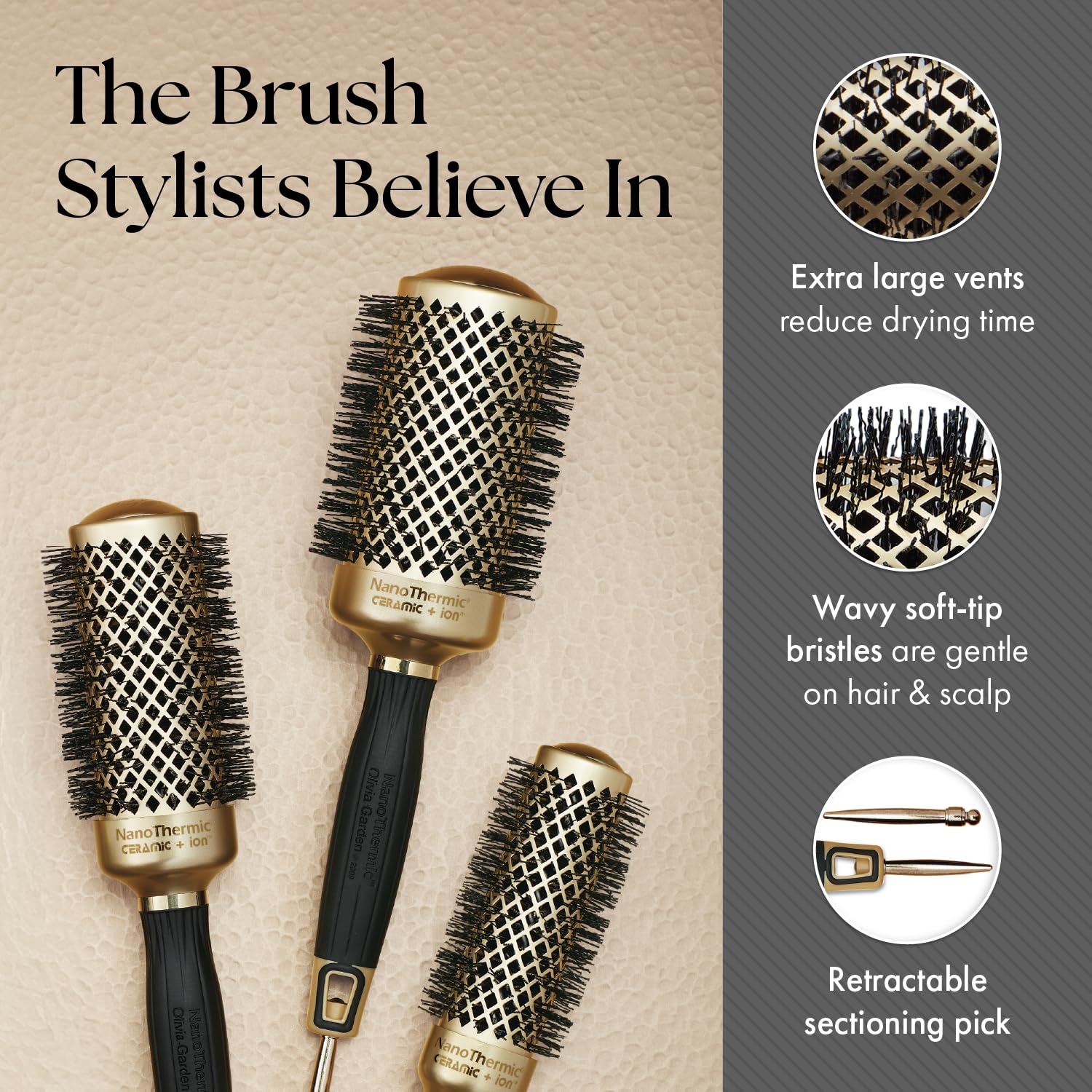 Olivia Garden NanoThermic Ceramic + Ion Round Thermal Hair Brush - Not Electrical - Professional Blowout Brush for Normal to Thick Hair