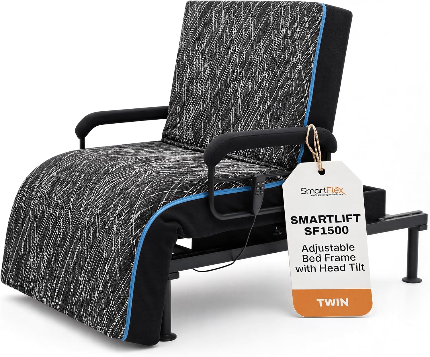 Smart Flex SmartLift SF1500 Twin XL Adjustable Bed Frame with Head Tilts | Electric metal frame, 600-lb. lift capacity, head and foot articulation. Motorized, Modern style, fits a Twin XL mattress.