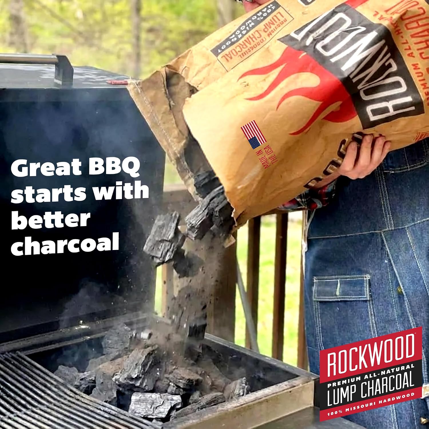Rockwood Natural Lump Charcoal – Hardwood Lump Charcoal - 20 lbs, 1 Pack | Hardwood Lump Charcoal with Blend of Oak, Hickory & Cherry - Clean Burn, High Heat Grilling & Smoking - For Kettle & Kamado