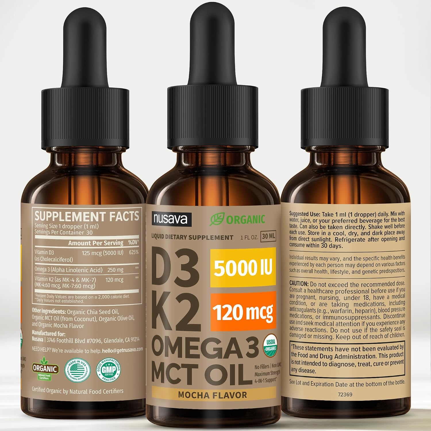 Nusava Organic Vitamin D3 K2 Drops with MCT Oil, Unflavored, Pack of 2