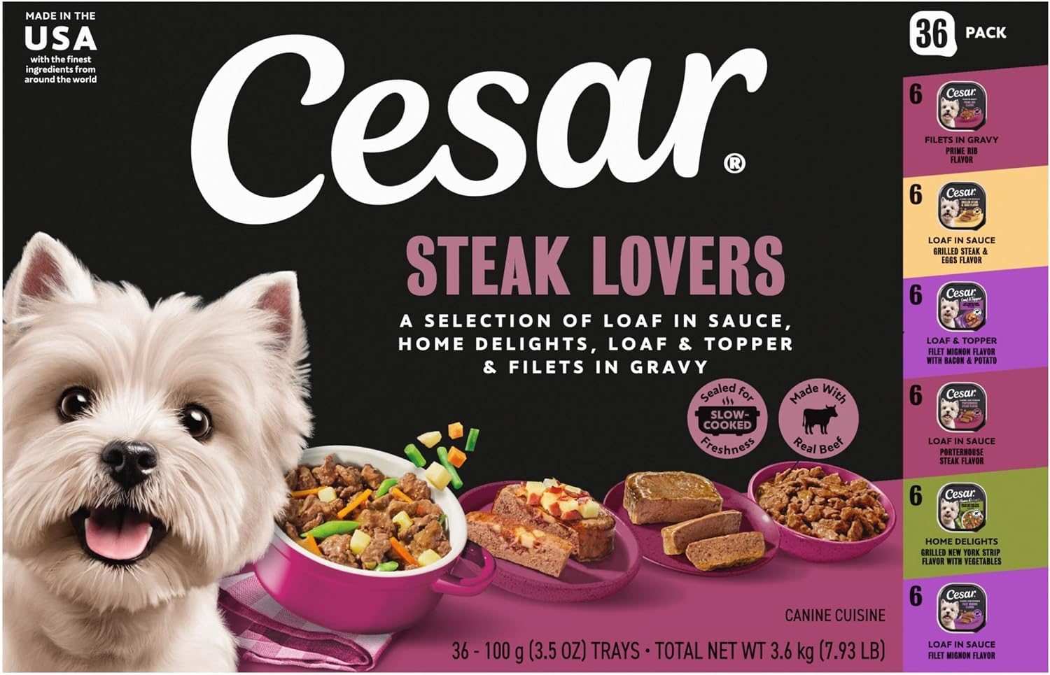 Cesar Wet Dog Food, Steak Lovers Variety Pack, 3.5 oz, 36 Count | Real meat #1 ingredient, easy peel trays, 100% complete & balanced, no fillers, no added sugar, no artificial flavors