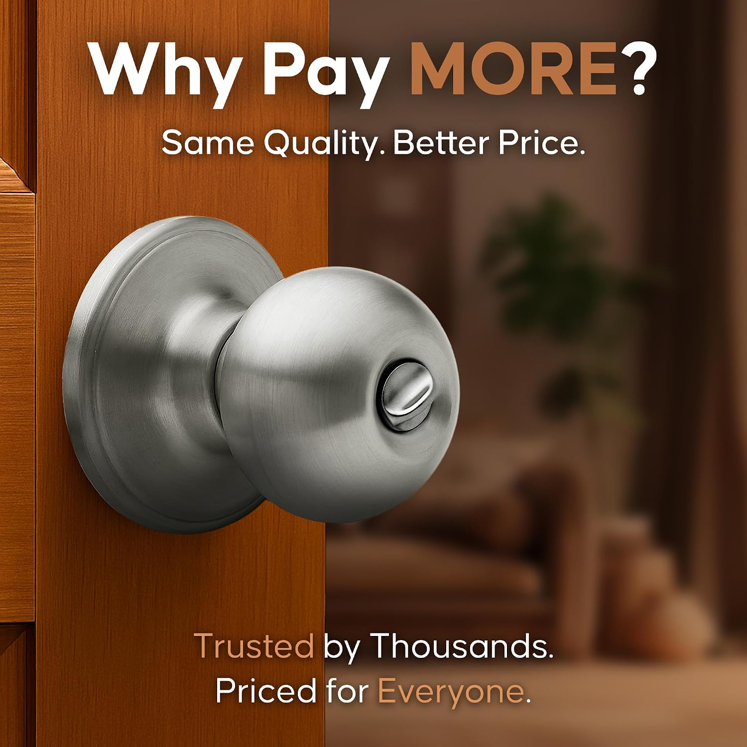 Copper Creek Privacy Interior Door Knob – ANSI Grade-3 Certified, Modern Heavy Duty Handle, Easy Install and Reversible for Bedroom, Bathroom & Closets – Satin Stainless (1 Pack)