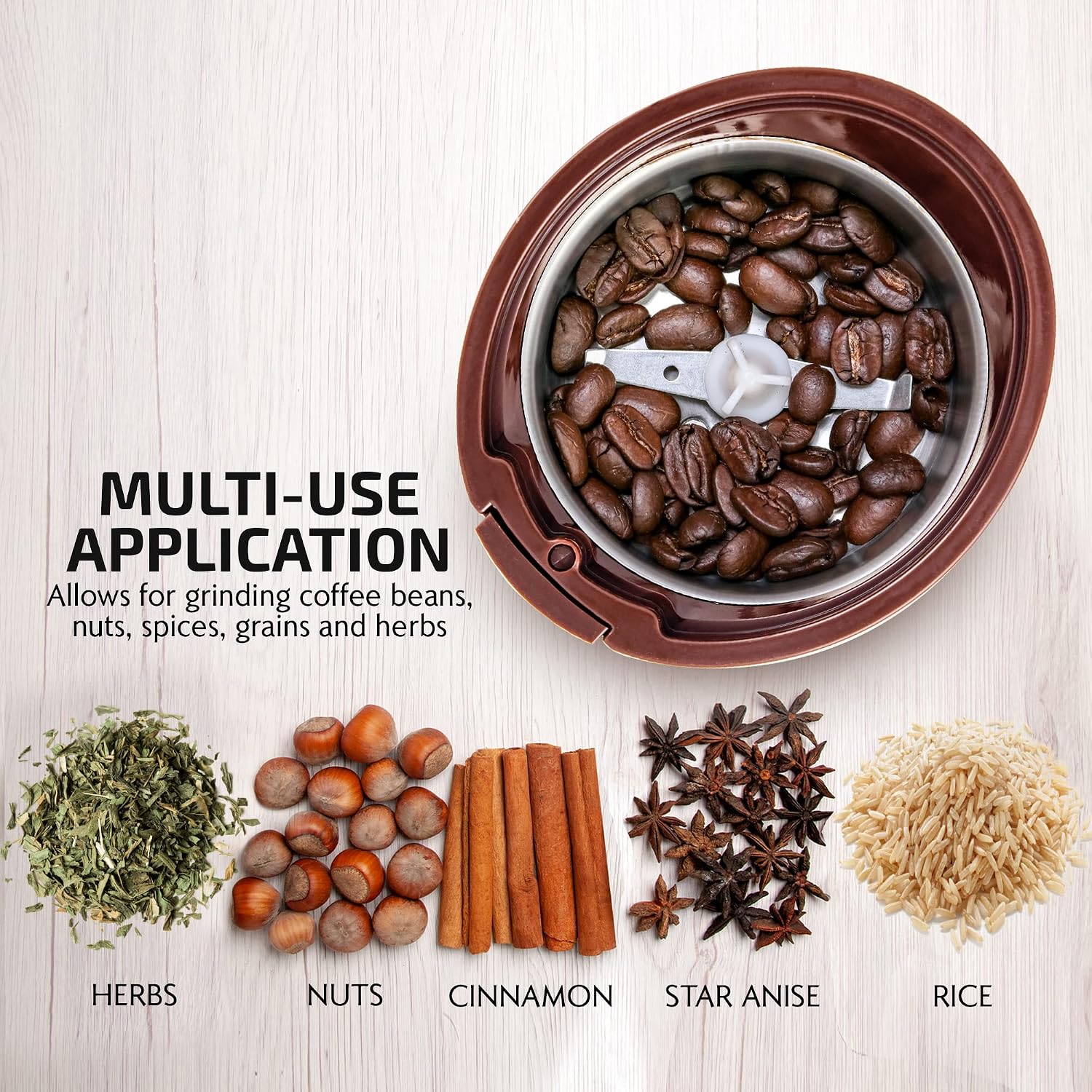 OVENTE Electric Coffee Grinder with One Touch Push-Button, White CG225W | 2.5oz Capacity, 150W Motor, Stainless Steel Blades for Uniform Grinding of Beans, Spices, Herb, Nuts & More, Safety Lock Lid