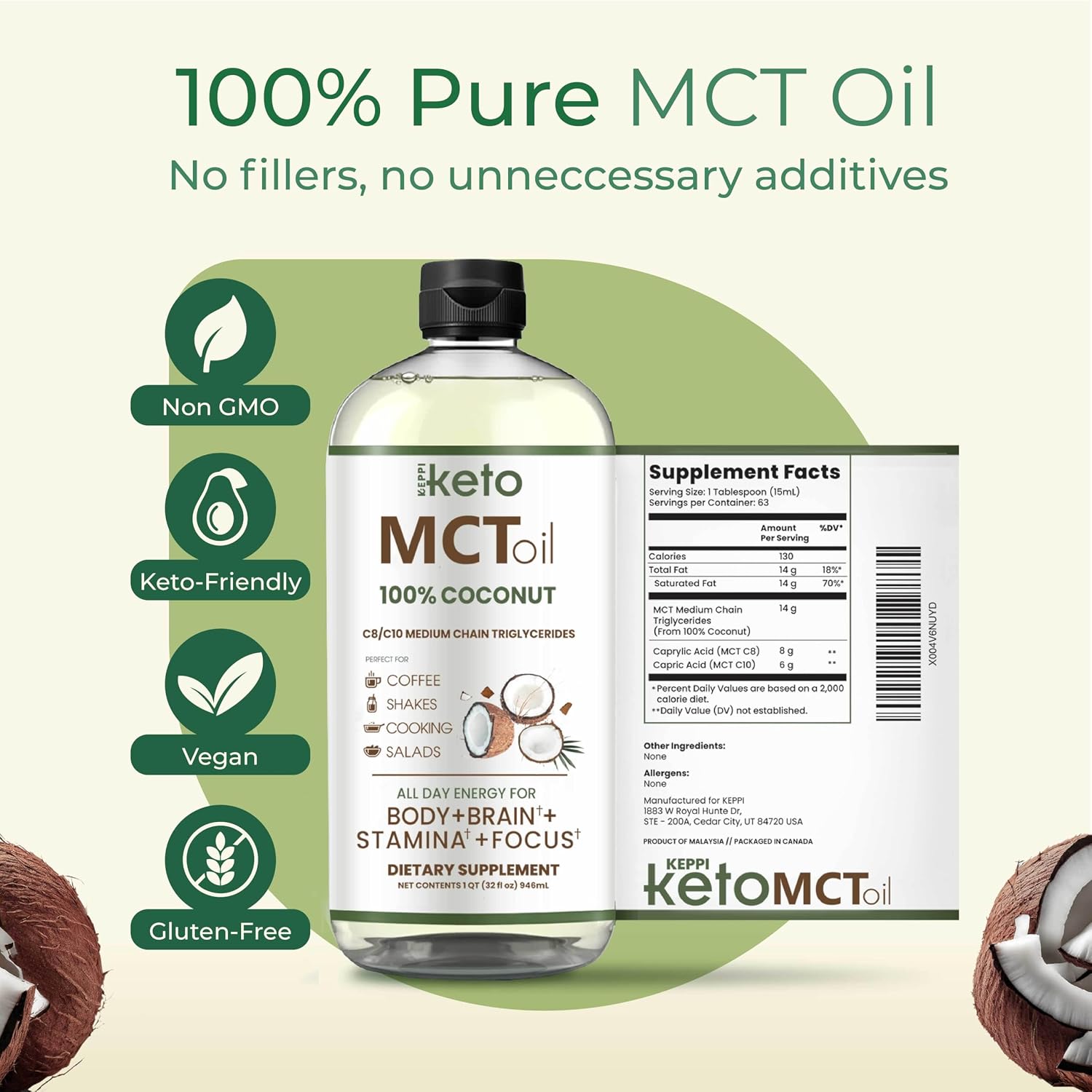 Keppi MCT Oil - From 100% Coconuts - Flavorless C8 and C10, Non-GMO, Certified Gluten-Free, Palm Oil Free, Vegan, Kosher, Halal, 32 oz Coconut Oil
