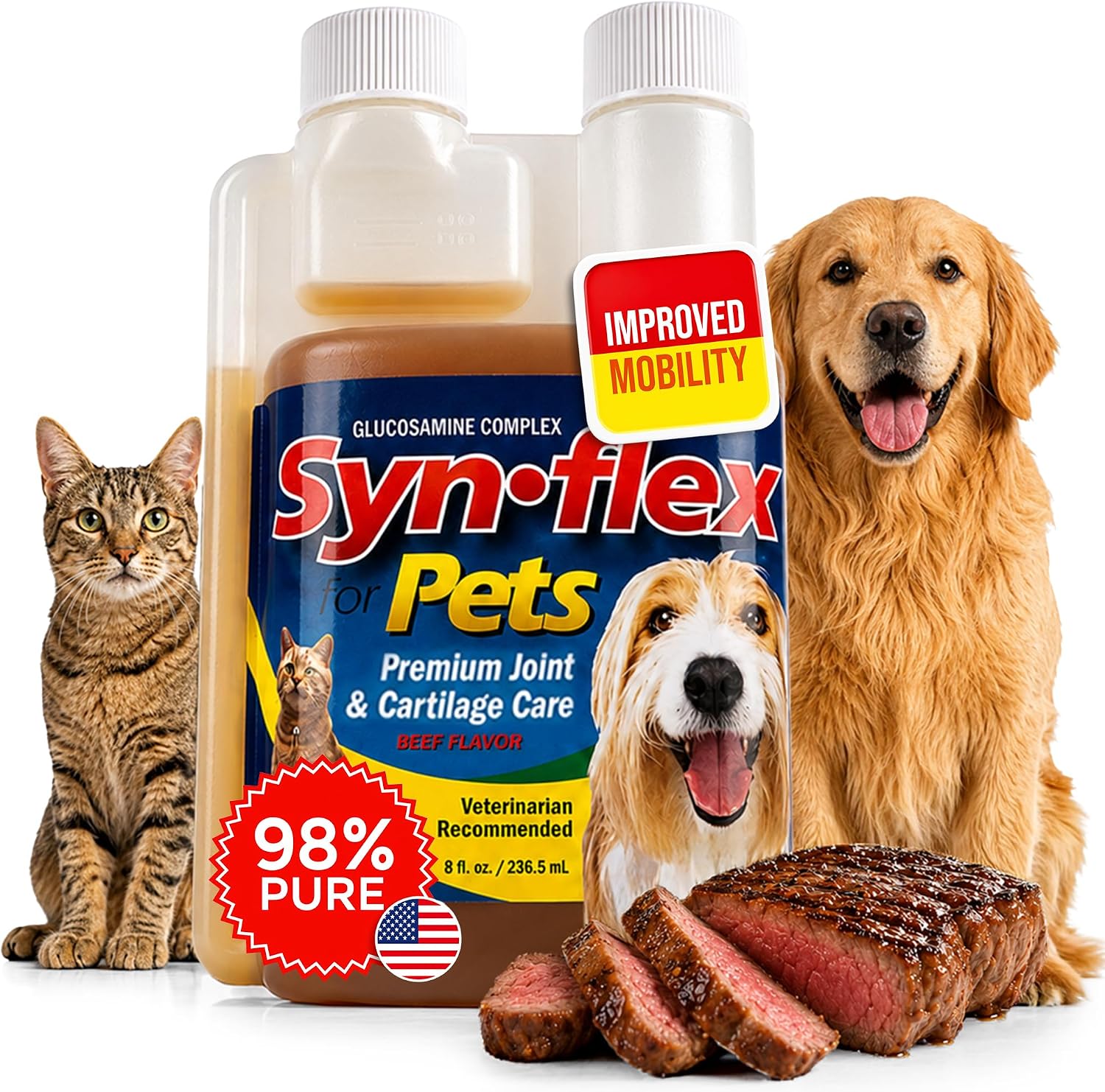 Synflex Concentrated 8oz Joint Supplement Bottle | Glucosamine Chondroitin Liquid for Dogs & Cats | Boswellia Yucca Manganese | Beef Flavor | Made