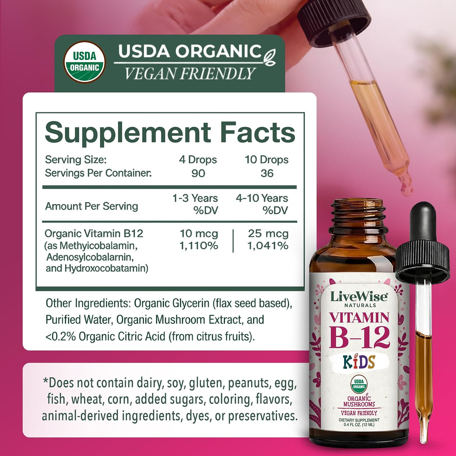 Organic Vitamin B12 1000 mcg Sublingual Liquid Drops, Unflavored, 2 oz | Methylcobalamin & Adenosylcobalamin, Bioactive Blend for Energy, Clarity & Focus, Vegan, Non-GMO, For Adults, 1 Year+ Supply