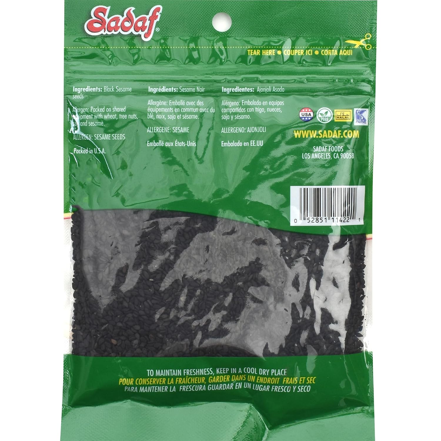 Sadaf Black Sesame Seeds - Sesame Seeds for Cooking and Food Flavoring - Spice Mediterranean Cuisine - Semillas de Ajonjoli - Kosher - 3 Oz Resealable Bag