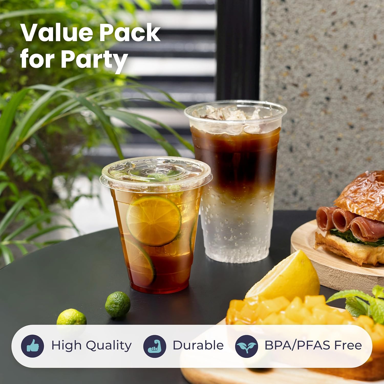 Fit Meal Prep 100 Pack 16 oz Clear Plastic Cups with Flat Lids, Disposable Iced Coffee Cups, BPA Free Premium Crystal Smoothie Cup for Party, Lemonade Stand, Cold Drinks, Juice, Milkshake