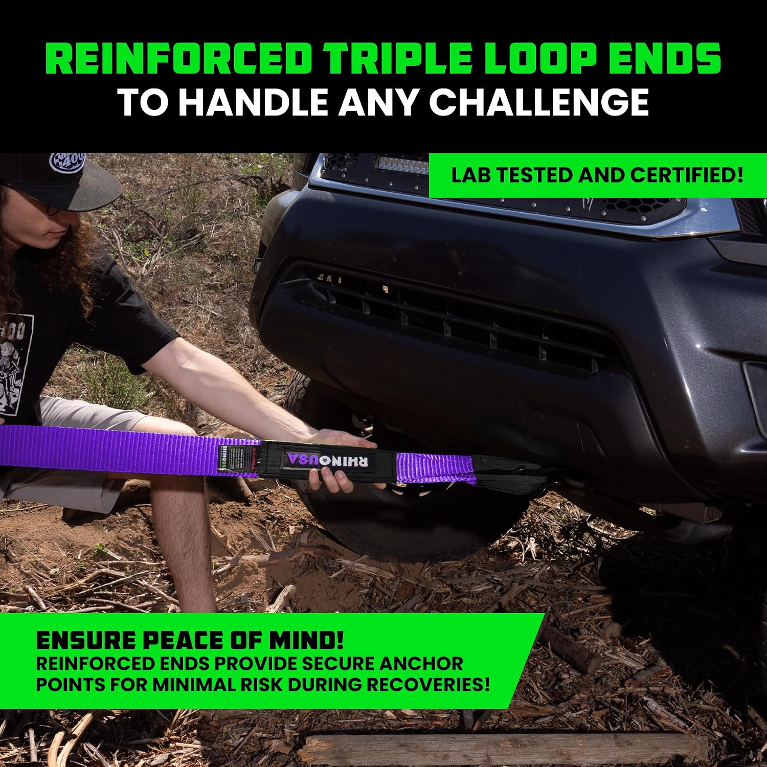 Rhino USA Recovery Tow Strap (3in x 30ft) - 31,518lb Heavy Duty Towing | 31,518lb Break Strength Emergency Tow Strap, Extended 30ft Length. For Truck, UTV, ATV & Jeep Offroad Recovery. Black