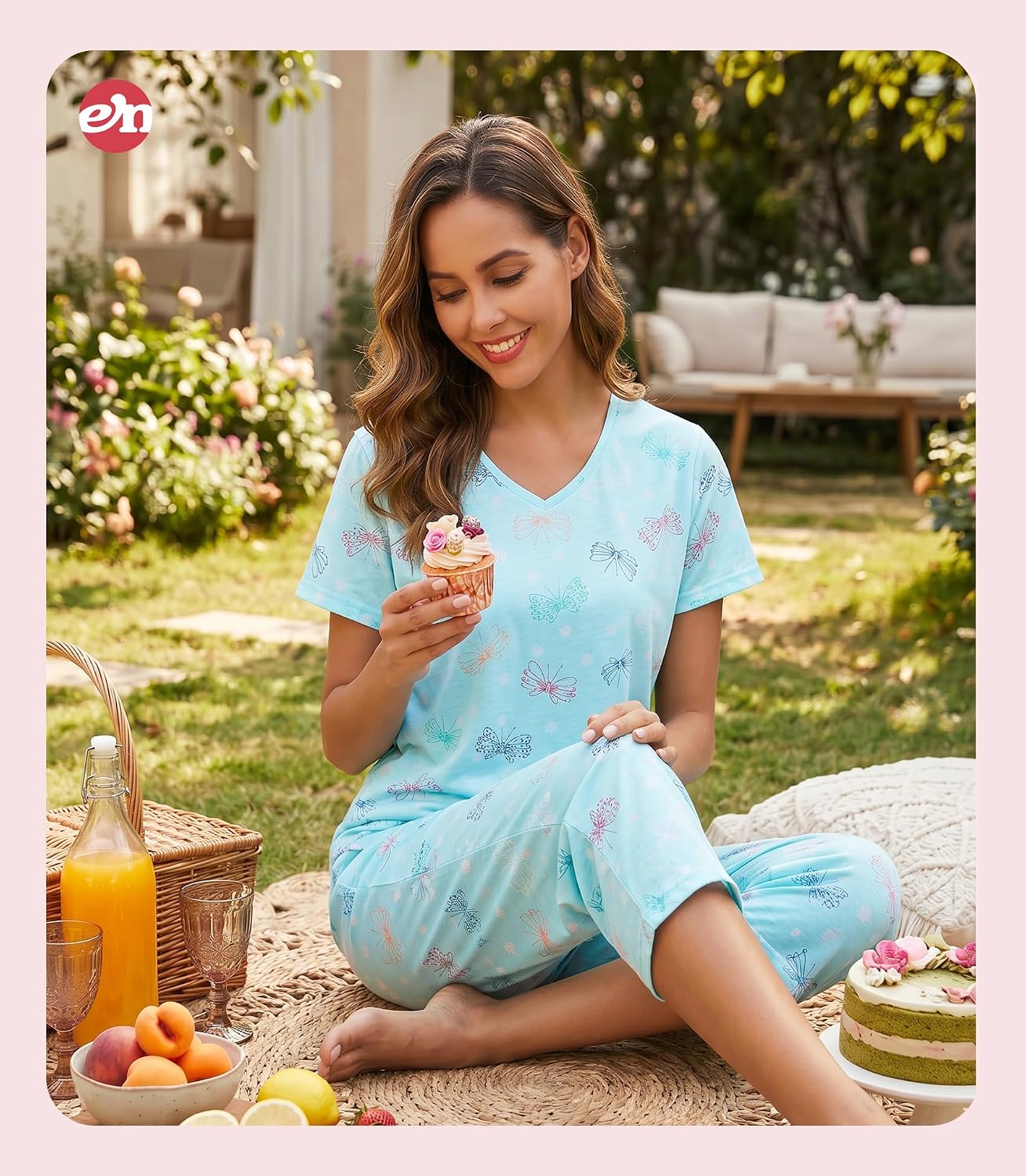 ENJOYNIGHT Womens Pajama Set Cotton Short Sleeve Top With Capri Pants Pj