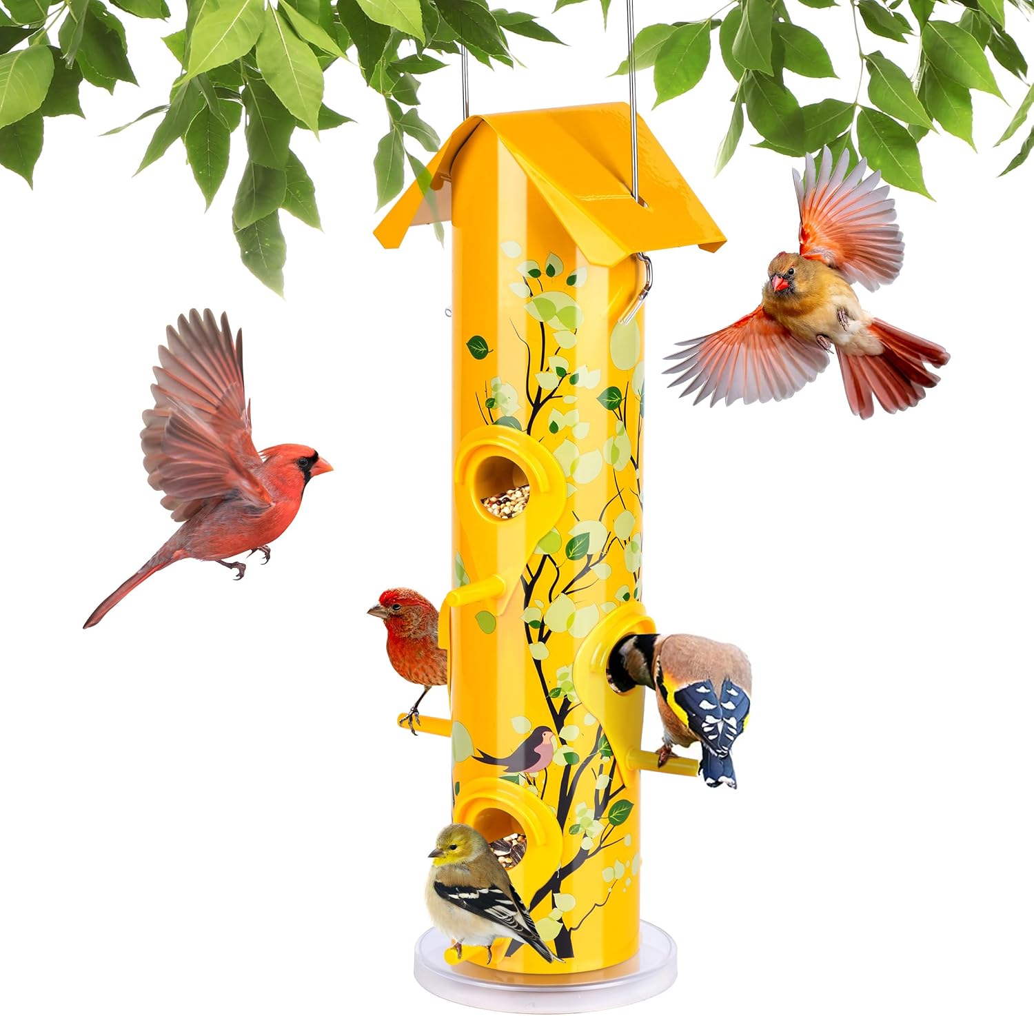 Kingsyard Metal Bird Feeders for Outdoors Hanging, Tube Bird Feeder | 14 in, 6 Feeding Ports, drainage holes, 2 lbs Seed Capacity, Weatherproof, Stays Dry & Fresh, Easy to Clean & Refill, Yellow