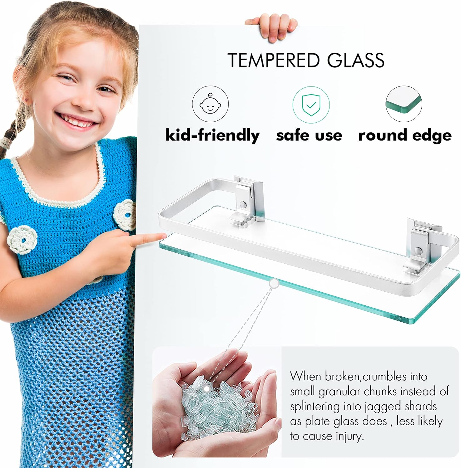 KES Glass Shelves for Bathroom, Floating Tempered Glass Shelves 14 Inch | Aluminum Extra Thick 2 Pack Rectangular Storage Organizer Wall Mount Silver