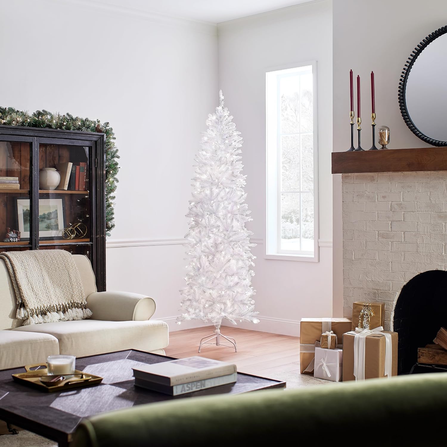 National Tree Company 7.5ft Pre-Lit Kingswood Fir Slim Christmas Tree | 350 Clear Lights, 1,075 Tips, Includes Stand, Artificial, White