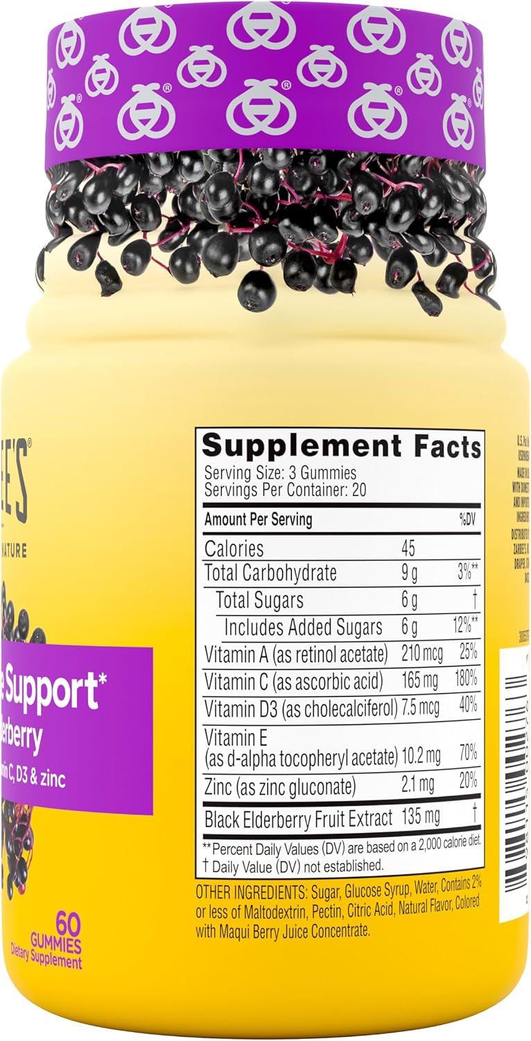 Zarbee's Kids Elderberry Immune Support Gummies, 60 ct | For Kids Ages 12+ Years, Real Elderberry, Vitamins A, C, D3, E & Zinc, No Artificial Sweeteners or HFCS