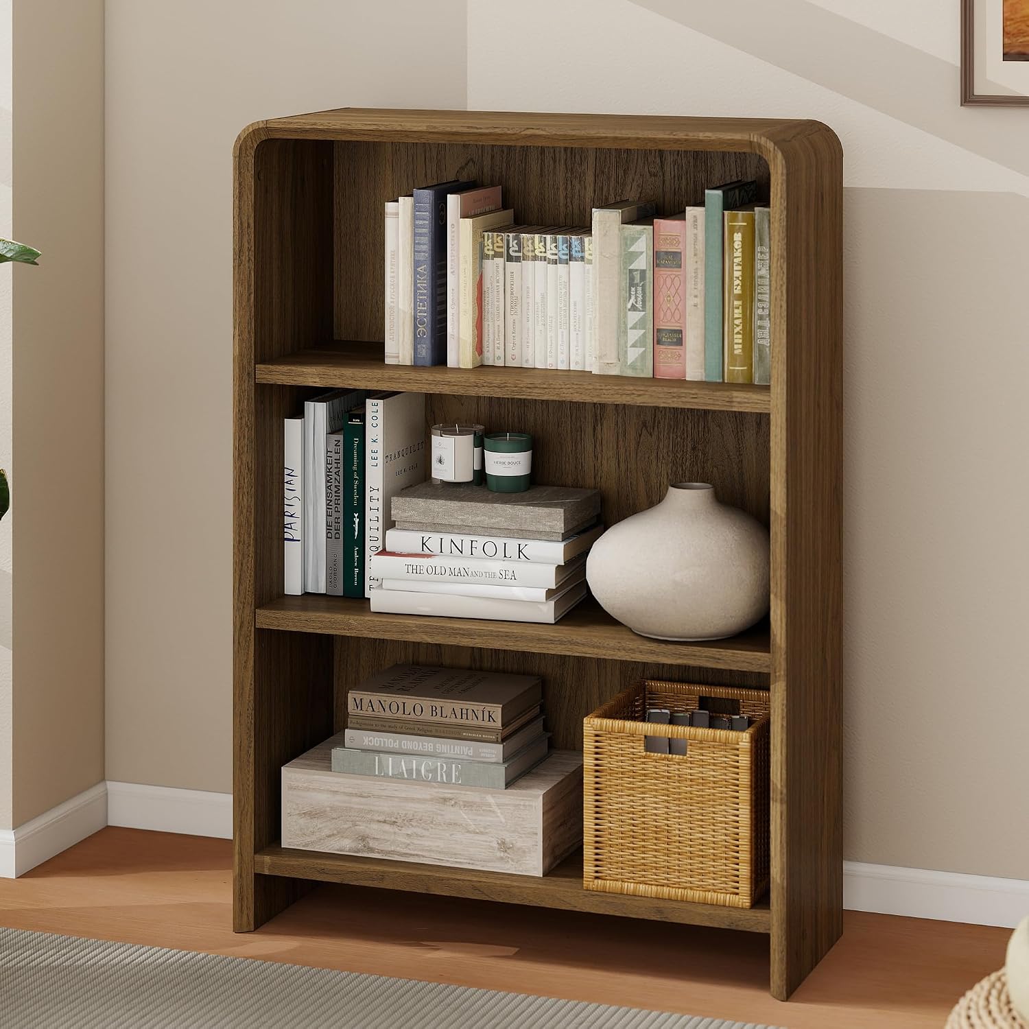 Bevfint 44" Bookcase Tall 3 Shelves Wood Bookshelf with Curved Soft Edges, Heavy Duty Storage Cabinet for Professional Home Office and Living Room, Modern Natural Oak Grain Finish