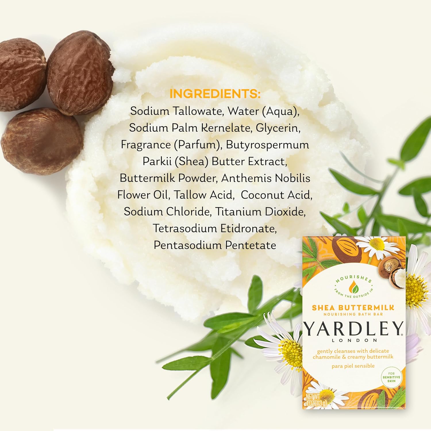 Yardley London Nourishing Bath Soap Bar Aloe & Avocado, Conditions Skin with Creamy Avocado & Olive Extracts, 4.0 oz Bath Bar, 1 Soap Bar