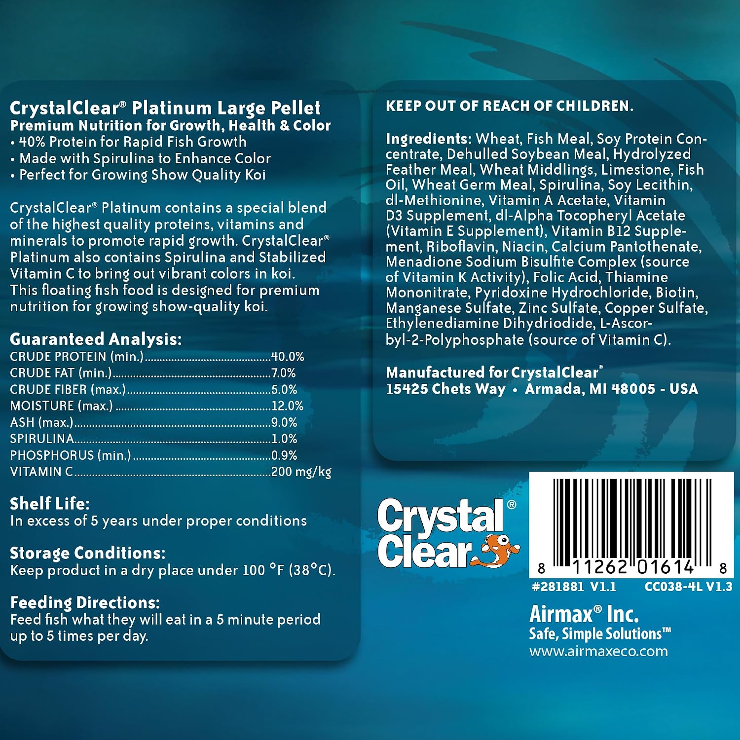 CrystalClear Platinum Fish Food Floating 5mm Pellets, 17.6 lbs | For Koi & Goldfish, premium nutrition to boost growth, color, and wellness in backyard ponds & water gardens