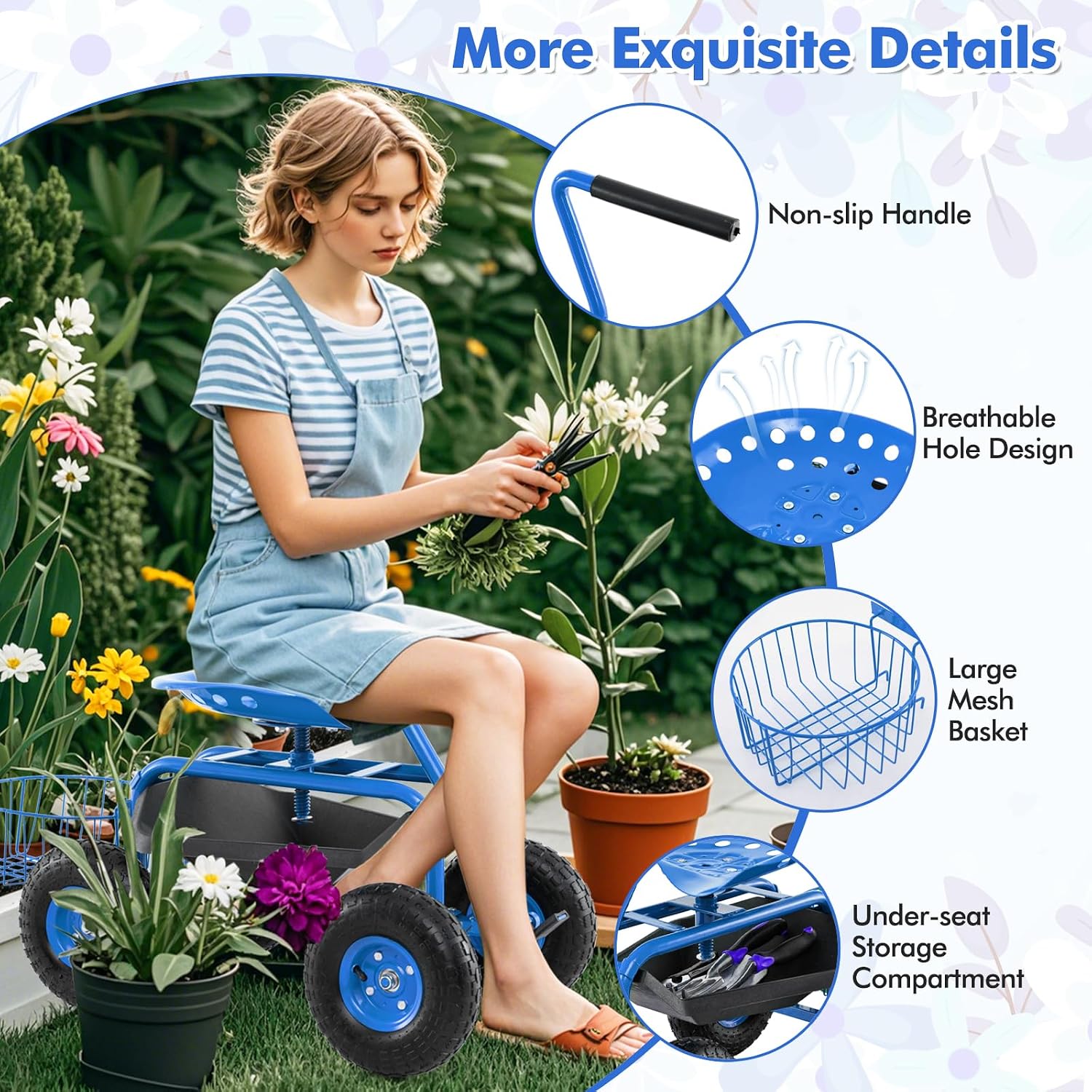 Goplus Rolling Garden Cart with Seat, Outdoor Garden Stool with Wheels, Tool Tray & Basket, Adjustable Steering Handle