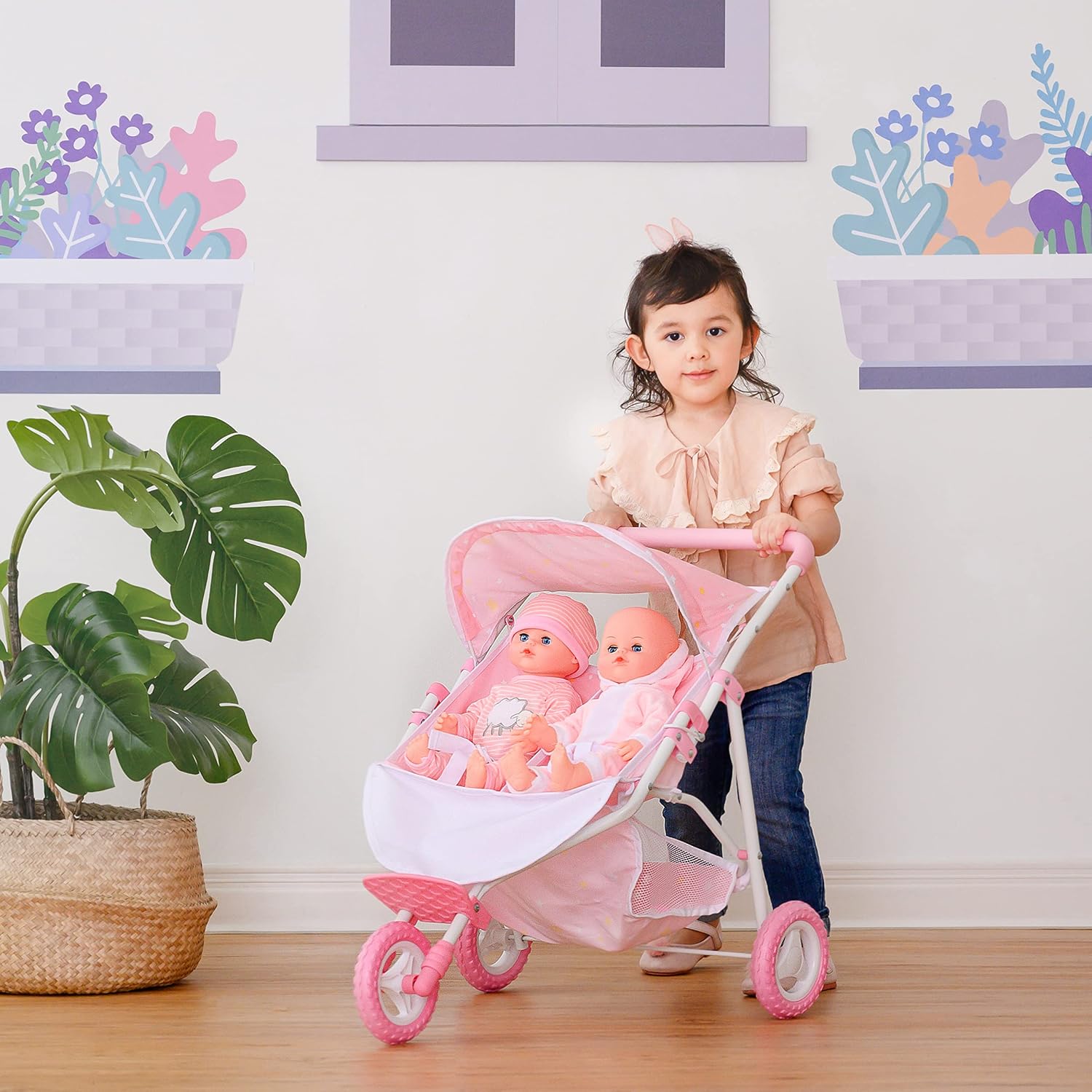 Olivia's Little World Doll Jogging-Style Stroller with Canopy, Storage Underneath, Pink and Cream and Gray | Canopy, Storage Underneath