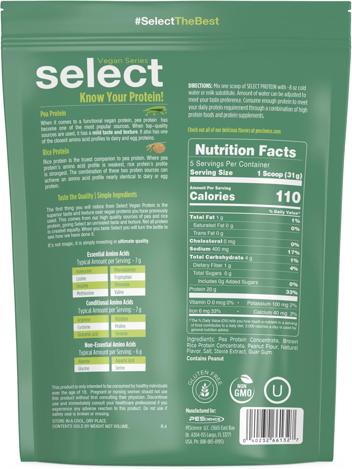 PEScience Select Vegan Protein Powder, Peanut Butter Delight, 27 Servings | Plant Based Protein Powder, Pea and Brown Rice Blend, Dairy Free, Lactose Free, Gluten Free