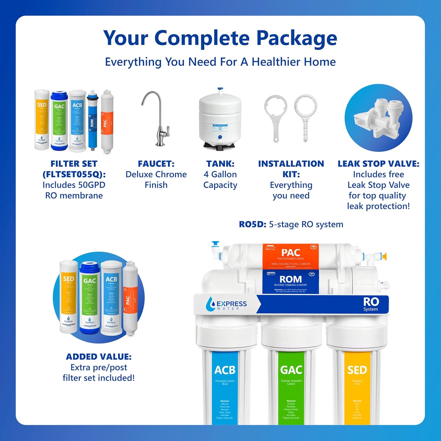 Express Water ROALK5D, 10-Stage Under Sink RO System, Alkaline, 50 GPD | NSF Certified 372, Deluxe Chrome Facuet, Reduces 99% of Impurities, BPA Free, Leak Detection