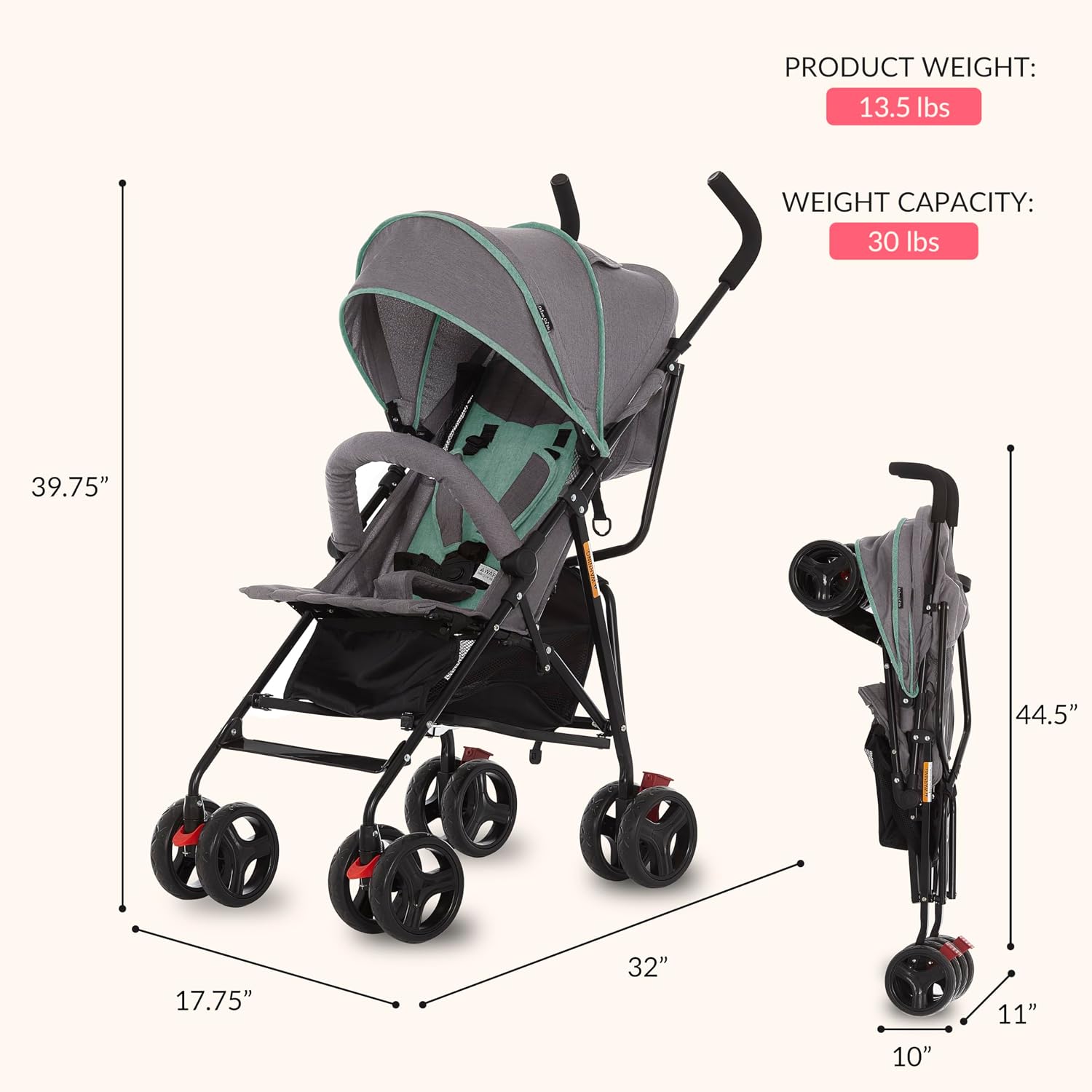 Dream On Me Vista Moonwalk Baby Stroller in Light Gray, Lightweight Infant Stroller with Compact Fold