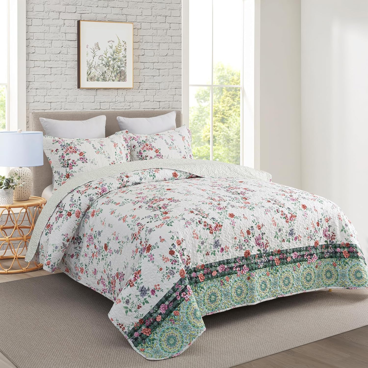 Travan Queen Quilt Set 3-Piece Bedspread Quilted Oversized Lightweight Microfiber Coverlet Set with Shams Violet Purple Floral Pattern Quilted