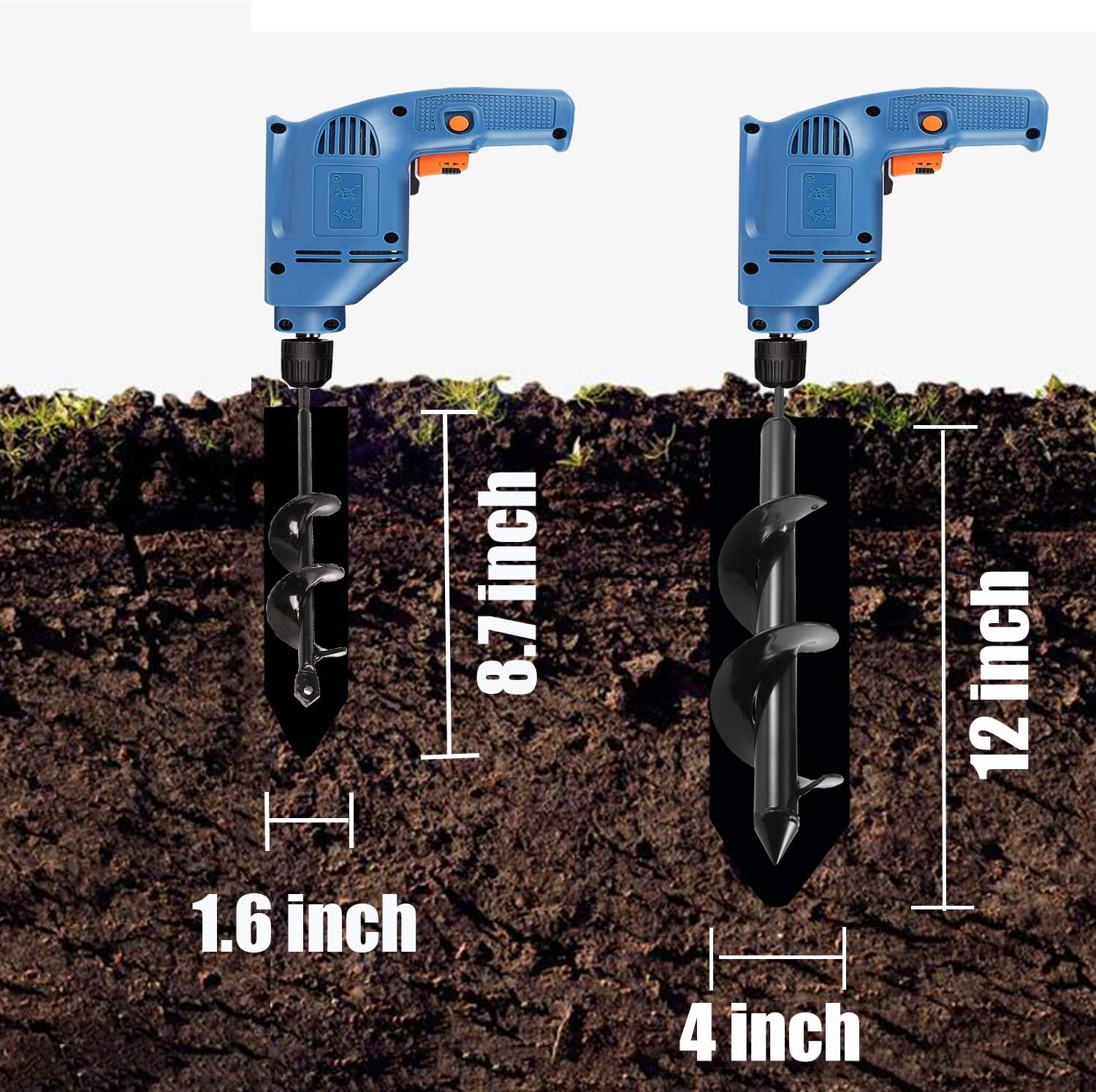 Auger Drill bit for Planting 1.6x8.7& 4x12 Garden Auger Spiral Drill Bit,Bulb & Bedding Plant Augers,Plants Drill bit for 3/8” Hex Drive Drill