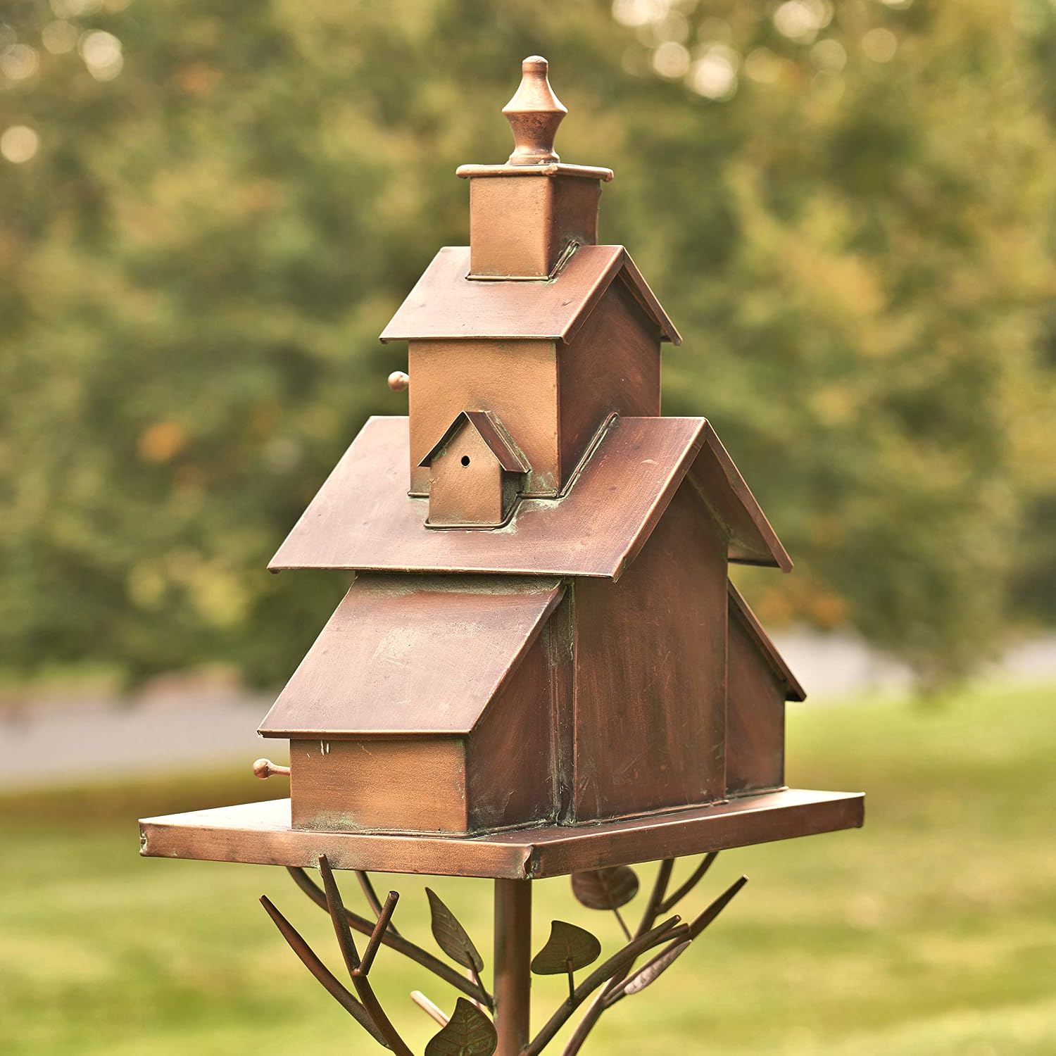 Large Copper Colored Multi-Birdhouse Stakes, Room for 4 Bird Families in Each (Cube Homes with Pyramid Roofs)