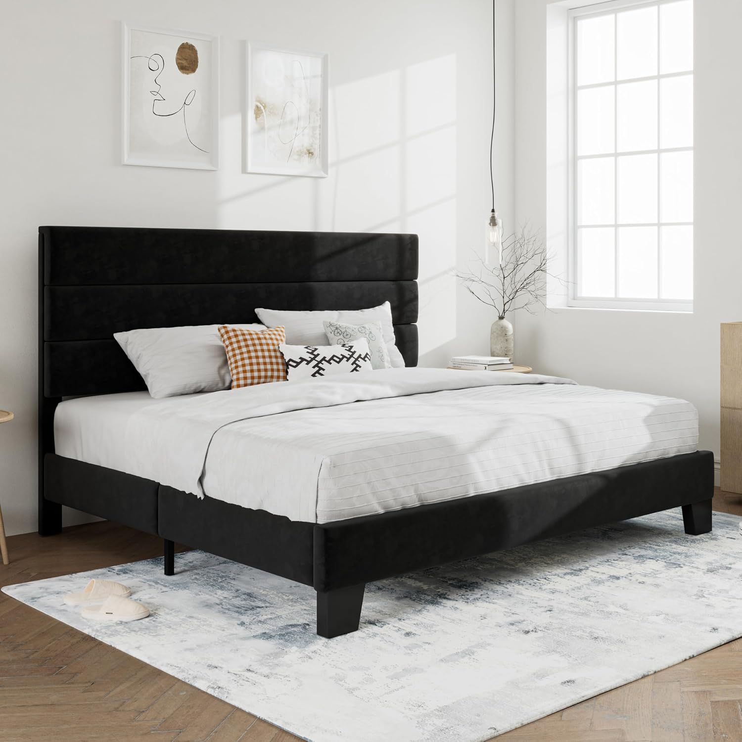 SHA CERLIN Full Platform Bed Frame with Upholstered Fabric Headboard, Grey