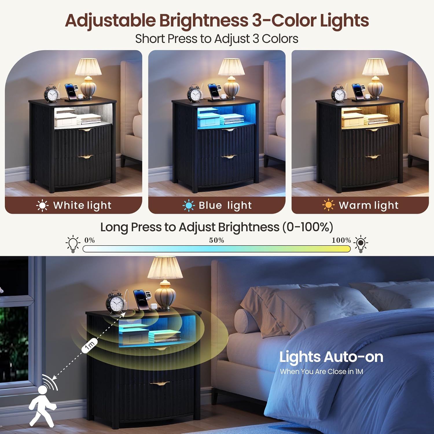 Dystler Fluted LED Night Stand with Hidden Gun Drawer & Charging | 19.7" W Curved Smart Bedside Table, 3-Color LED lights, 2 Drawers, Nightstand with Card-Lock, End Table for Bedroom, Walnut
