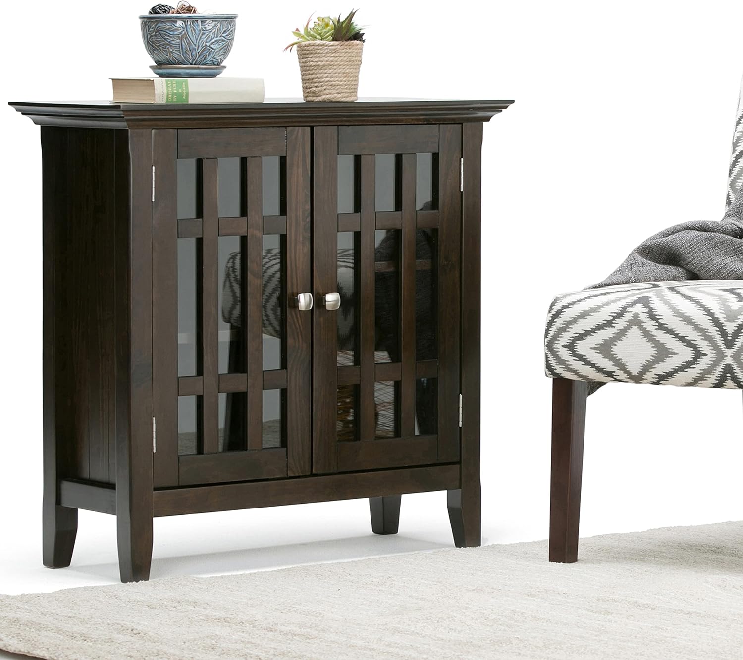SIMPLIHOME Bedford 62" Wide Solid Wood Sideboard in Brunette Brown | Transitional low media console with glass doors and storage shelves for the living room, entryway or dining room.