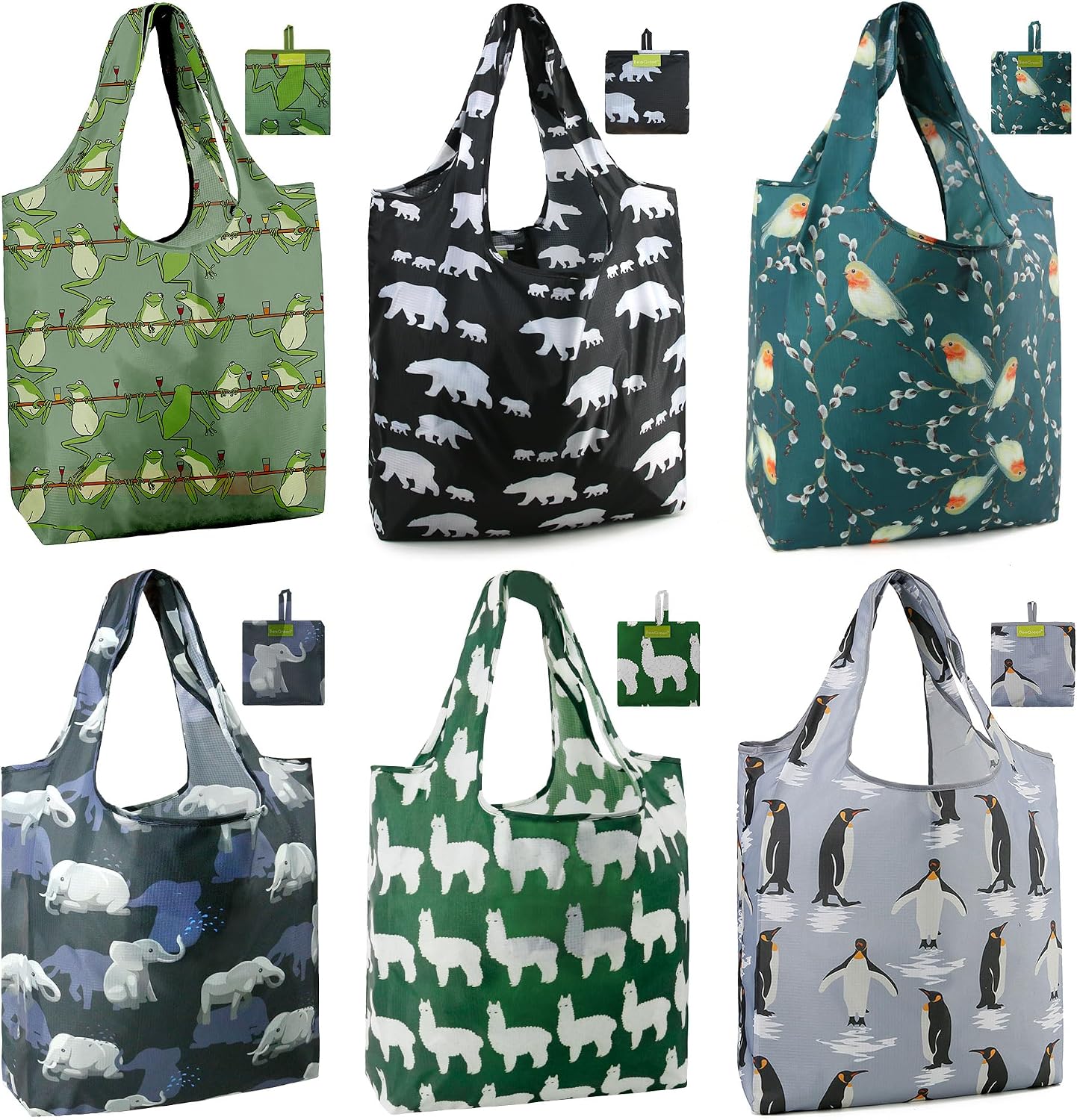 BeeGreen Grocery Bags | Reusable Gift Bags, Large Tote for Women & Foldable Beach Bag - 6 Pack Reusable Bag With Handles | Collapsible Cute Cloth Storage for Market, Holiday & Shopping | Washable​